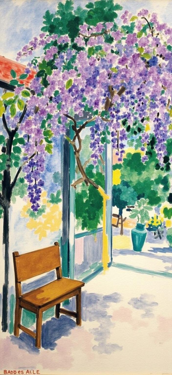 mattise_nice, In a serene garden scene, a cascading canopy of blossoming wisteria creates a delicate curtain of lilac and violet hues, gracefully arching over a quaint, wooden garden bench. The bench, aged with time, sits in quiet solitude, inviting a moment of contemplation within the tranquil setting. The background subtly hints at the distant outline of a traditional Japanese garden with stone pathways and lush greenery, enveloping the scene in an aura of peace. Painted in a style inspired by Matisse's work during his time in Nice, the composition sings with vibrant colors and bold brushstrokes that capture the essence of nature's beauty with a modernist flair. The painting's composition is centered, ensuring the elements are perfectly balanced, creating an image that exudes tranquility and harmony — ideal for digital wallpaper to bring a touch of elegance and calm to any space.