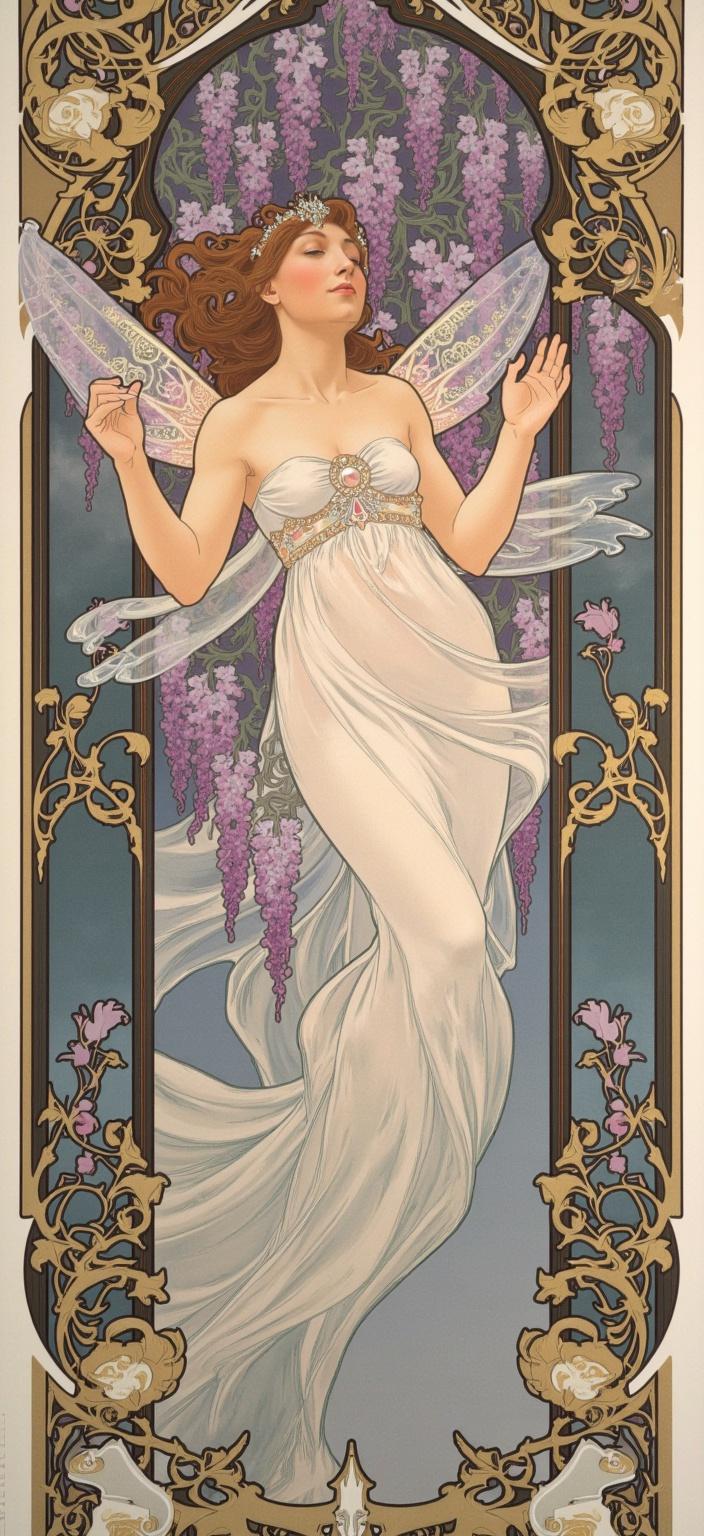 mucha, In the heart of this digital wallpaper, a dreamy fairy gracefully floats amidst the cascading purple wisteria blooms. Her presence is ethereal, her translucent wings shimmering with an iridescent glow in the dimming twilight, casting a subtle luminescence around her. The fairy's form is fluid and elegant, her pose exuding a serene, almost meditative grace as she gently interacts with the blossoms around her. 

The backdrop is a tapestry of soft lilacs interwoven with rich emerald green vines, enveloping the scene in an aura of mystic allure. Flowing, organic lines dominate the composition, with intricate decorative patterns that echo throughout the background, creating a harmonious blend of natural motifs. Delicate flowers, sinuous vines, and celestial elements merge seamlessly into a highly stylized background, evoking a dreamlike, romantic aesthetic.

Inspired by the signature style of Alphonse Mucha, the painting is suffused with a palette of delicate colors and exuberant floral motifs. Sinuous vines intertwined with blooming flowers grace the piece, while subtle geometric patterns enhance its refined, ornamental quality. The entire scene is encapsulated within an elaborate ornamental frame, reminiscent of a grand Gothic window. This intricate border, adorned with sweeping curves and detailed embellishments of organic patterns, flowers, and celestial symbols, serves as both a visual unifier and an enchanting gateway. It invites the viewer into a dreamlike realm where nature harmoniously intertwines with human emotion in poetic harmony. Perfectly centered, this composition ensures a crisp, clean look suitable for digital wallpaper, transforming any screen into a portal to an otherworldly sanctuary of beauty and wonder.