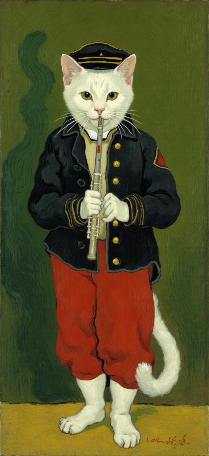 van_gogh, The painting features a whimsical reinterpretation of Édouard Manet’s ‘The Fifer’, where a cute white cat takes center stage, standing upright with an air of charming confidence. The cat is adorned in a dark military-style jacket, intricately detailed with shimmering gold buttons, and pairs it with vibrant red trousers that add a dramatic flair to its ensemble. Atop its head sits a black cap, trimmed elegantly with a striking yellow band, perfectly complementing the outfit and adding a touch of sophistication.

In its delicate paws, the feline holds a flute, poised gracefully at its mouth, as if captured in the midst of a melodious performance. This playful element brings a sense of harmony and whimsy, inviting viewers into its melodious world. The cat’s large, luminous eyes are filled with expressive curiosity, offering a delightful twist on the classic composition that enchants and engages.

The background, a rich olive green, is rendered in a flat, yet lush painterly style that pays homage to the 19th-century French realism. Nevertheless, the overall painting draws inspiration from the described style, incorporating intense colors and dynamic brushwork. The cat’s stark white fur contrasts vividly against the bold colors of its attire, while the background’s rich hues are applied in thick, impasto layers, evoking depth and movement.

Employing bold complementary color contrasts, the image radiates visual intensity and emotional depth, with swirling, flame-like brushstrokes that impart a rhythmic, pulsating quality. This dynamic touch is further enhanced by vigorous, linear patterns that convey a sense of life and urgency. Positioned centrally, the composition ensures a crisp, clean look, ideal for a digital-wallpaper, making it both a personal expression and a universally compelling piece of art.