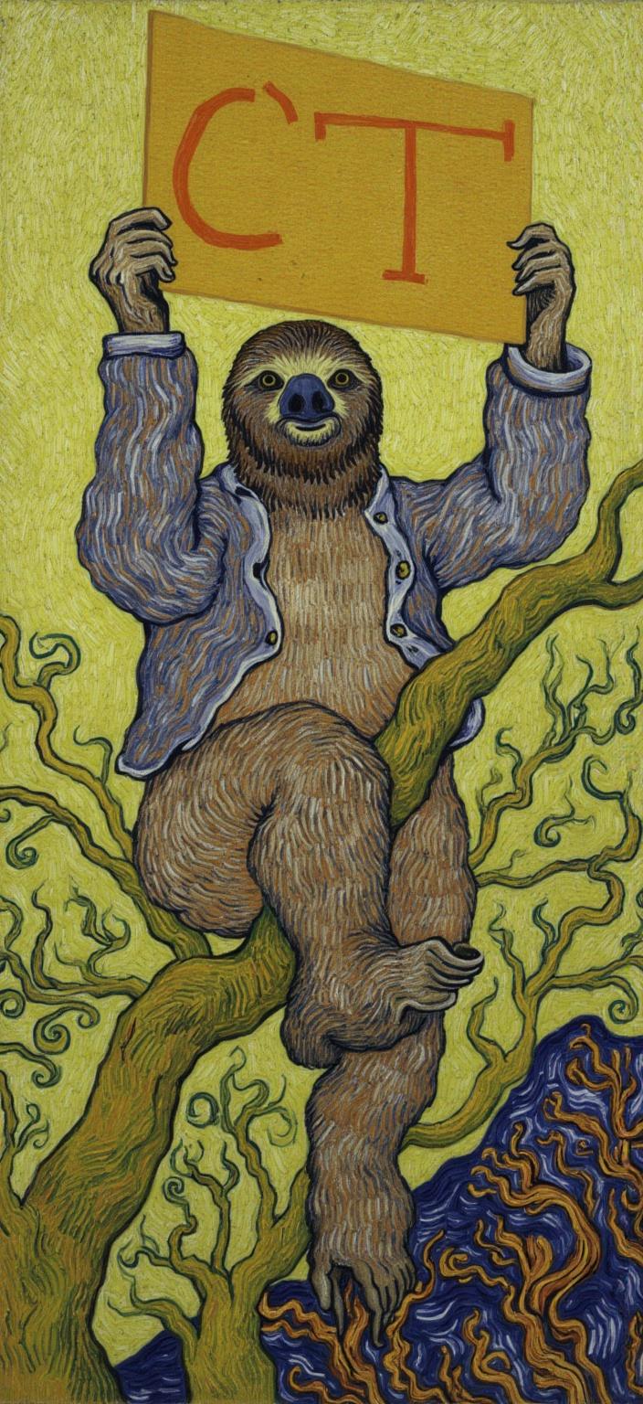 van_gogh, Enriched prompt: A captivating and dynamic painting depicts a sloth lazily perched on a sturdy branch, holding a large sign that prominently displays the letters "CT" in bold, expressive typography. The painting draws inspiration from a style characterized by intense color, dynamic brushwork, and bold, expressive compositions. In this artwork, vivid, rich colors are applied in thick, impasto layers, creating a sense of movement and emotional depth that envelops the viewer. The use of bold complementary color contrasts, such as blue and orange, or yellow and purple, heightens the visual impact and intensity, making the scene come alive.

The brushstrokes are loose, energetic, and often swirling, giving the painting a rhythmic, almost pulsating quality. These curly, flame-like patterns imbue the scene with a unique sense of motion and life, as if the sloth and its environment are in a continuous, gentle sway. The vigorous, linear patterns within the composition convey a raw emotion and a sense of urgency, rendering the artwork deeply personal and universally compelling.

Centered for a crisp and clean presentation, this digital wallpaper ensures that every detail is captured in its glory, making it a perfect piece for anyone looking to add an artful touch to their digital backdrop. The painting not only captures the serene nature of the sloth but also conveys a powerful visual message through its vivid color palette and energetic style.