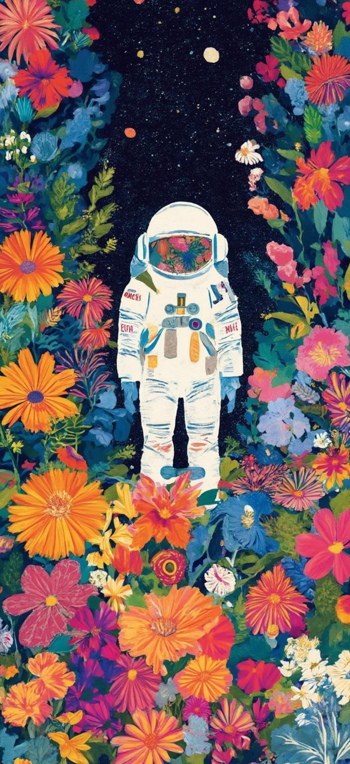 colorful_illustration, Enriched prompt: Picture an astronaut, clad in a sleek, white space suit, standing amidst a lush field of flowers on an alien planet. The brilliant blossoms are unlike any on Earth, with radiant colors and intricate petal designs. The scene is painted in a vibrant and colorful illustration style, with a playful and dynamic, hand-drawn feel. Organic shapes form a whimsical backdrop, while scattered decorative elements like swirling motifs and abstract patterns add an ornate touch.

The flowers are harmoniously arranged, with a delightful mix of large, bold petals and delicate, intricate details, resembling a lavish, decorative tapestry. Throughout the canvas, luxurious layers of colors and patterns weave together to create depth and movement, giving life to the alien landscape. The radial floral designs and organic shapes evoke the essence of Scandinavian folk art and mid-century botanical prints, blending perfectly with the cosmos.

The astronaut stands centered amidst this swirling dance of colors and forms, creating a crisp, clean composition perfect for digital wallpaper. Their visor reflects the fantastical view, capturing the essence of exploration and wonder in a universe both familiar and enchantingly strange.