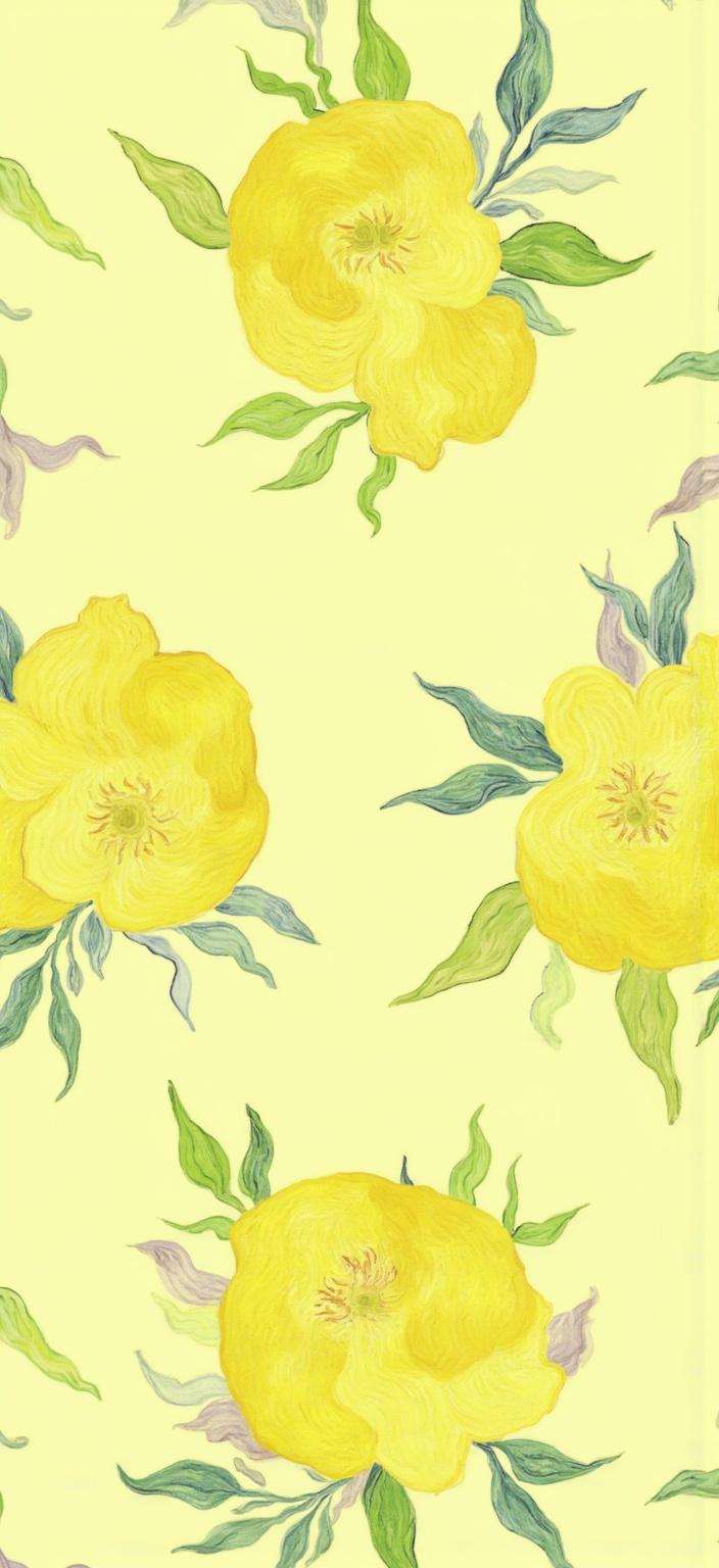 van_gogh, Create a vibrant digital wallpaper featuring a pattern of watercolor lemons and blossoms set against a serene pale yellow background. This design should capture a fresh and cheerful essence, drawing inspiration from a style characterized by intense color and dynamic brushwork. Envision vivid, rich yellows of the lemons applied in thick, impasto layers, creating both a sense of movement and a striking visual impact. Complementary colors are subtly used; hints of purple in the shadows of the lemons offer a pleasing contrast, adding depth and heightening visual intensity.

The blossoms, delicate yet dynamic, swirl energetically in loose, flame-like patterns, infusing the piece with a rhythmic, almost pulsating quality. Brushstrokes are expressive and bold, capturing the interplay of light and shadow across the composition. There's a sense of raw emotion and urgency within the artwork, as the vigorous, linear patterns bring forth a unique sense of motion and life, making the wallpaper both deeply personal and universally compelling.

This carefully centered and harmonious pattern ensures a crisp, clean look, ideal for digital wallpaper, transforming any screen into a joyful burst of color and energy.