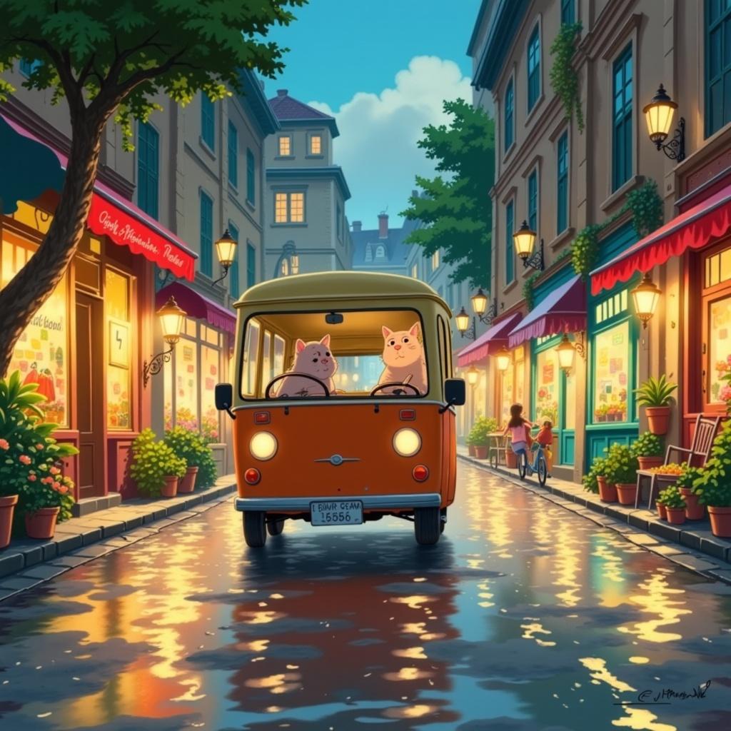 ghibli_illustration, The painting captures the whimsical essence of a cat bus navigating through a rainy street, evoking a sense of childlike wonder and nostalgia. The scene is brought to life with richly detailed backgrounds that seem to breathe and move, as if each raindrop were a character of its own in this enchanting narrative. The cat bus, a delightful fusion of feline and vehicular design, is painted with expressive character features—large, curious eyes and a playful yet purposeful demeanor as it trots along the wet pavement.

The setting is enveloped in a soft, painterly texture that gives the impression of hand-drawn animation, with pencil sketches subtly underlying the vibrant colors that define the piece. Bright yet slightly muted tones create a harmonious blend, ensuring the scene maintains a dreamy, nostalgic quality—warm, natural lighting highlights the glossy sheen of the street and the soft fur of the cat bus, while casting cozy reflections in the puddles gathered along the road.

The background is a tapestry of meticulously rendered everyday objects and textures—umbrellas sway gently in the rain, shopfronts glow invitingly with their warm, welcoming lights, and lush foliage peeks through the myriad of structures, each element lovingly detailed to enhance the painting's tangible, lived-in feel. The composition is centered and balanced, accentuating the cat bus as the focal point, making it ideal for wall-art that draws the viewer into its whimsical, animated world.

In this hand-drawn style, the imperfections are subtle but deliberate, lending organic movement and a sense of authenticity to the scene. The overall aesthetic is bright and joyful, with an air of whimsy that ensures the artwork remains cozy and inviting—a perfect piece for adding a touch of enchantment to any space.
