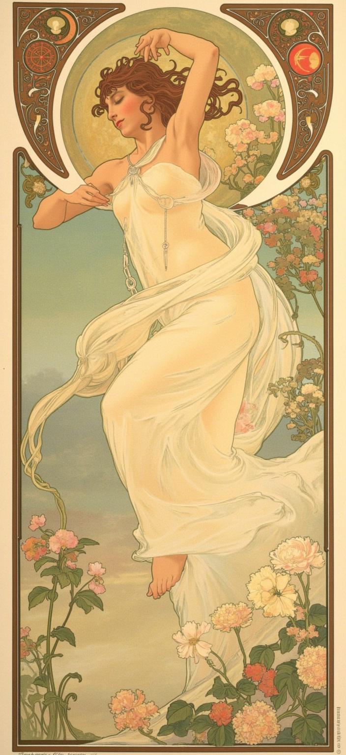 mucha, In Alphonse Mucha’s quintessential Art Nouveau style, this digital wallpaper captures the enchanting scene of a graceful woman immersed in a serene spring garden at dawn. She is depicted mid-dance, her movements gentle and fluid, embodying the essence of natural beauty and elegance. Her flowing dress, a masterpiece of delicate fabrics, catches the first light of the morning, its ethereal folds shimmering with a soft, golden glow. Surrounding her are an array of blooming flowers, their vibrant hues accentuated by the soft morning mist that gently envelops the garden, creating an atmosphere of peaceful tranquility.

The composition is characterized by flowing, organic lines and intricate decorative patterns, drawing inspiration from Mucha’s renowned style. A harmonious blend of natural motifs such as swirling vines, blossoming flowers, and celestial elements enriches the scene, setting the woman against a highly stylized, dreamlike background. The use of delicate colors seamlessly merges the fine art with an ornamental design, enhancing the romantic aesthetic of the image.

Adding to the artwork’s allure, the entire scene is enclosed within an elaborate ornamental frame, reminiscent of a grand Gothic window. The frame's sweeping curves and detailed embellishments are adorned with organic patterns, flowers, and celestial symbols, serving as both a visual unifier and a gateway into this poetic realm where nature and human emotion intertwine. This intricate border transforms the image into a refined, ornamental piece, perfect as a digital wallpaper, inviting viewers into a dreamlike world where elegance and nature dance in perfect harmony.