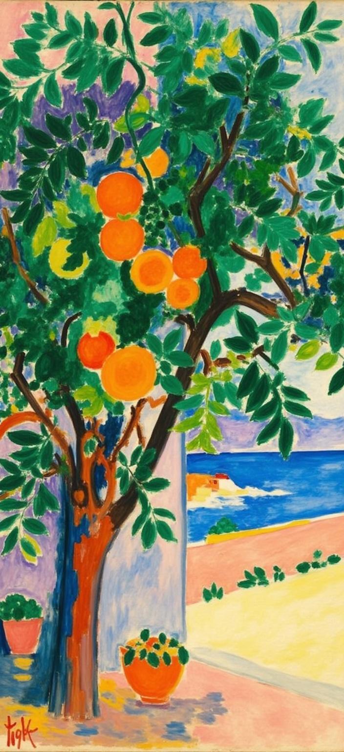 mattise_nice, A vibrant and captivating painting that features a cluster of ripe oranges hanging gracefully from a lush, green tree. The sunlight, reminiscent of a golden Mediterranean afternoon, filters gently through the leaves, casting playful dappled shadows on the scene below. This artwork draws inspiration from Matisse's time in Nice, exuding a sense of warmth and joy with its bold colors and fluid forms. The composition is balanced and harmonious, with the oranges standing out against the verdant foliage, evoking a sense of abundance and serenity. The painting is centered, ensuring a crisp and clean look, making it an ideal choice for digital wallpaper, perfect for bringing a touch of Mediterranean elegance to any space.