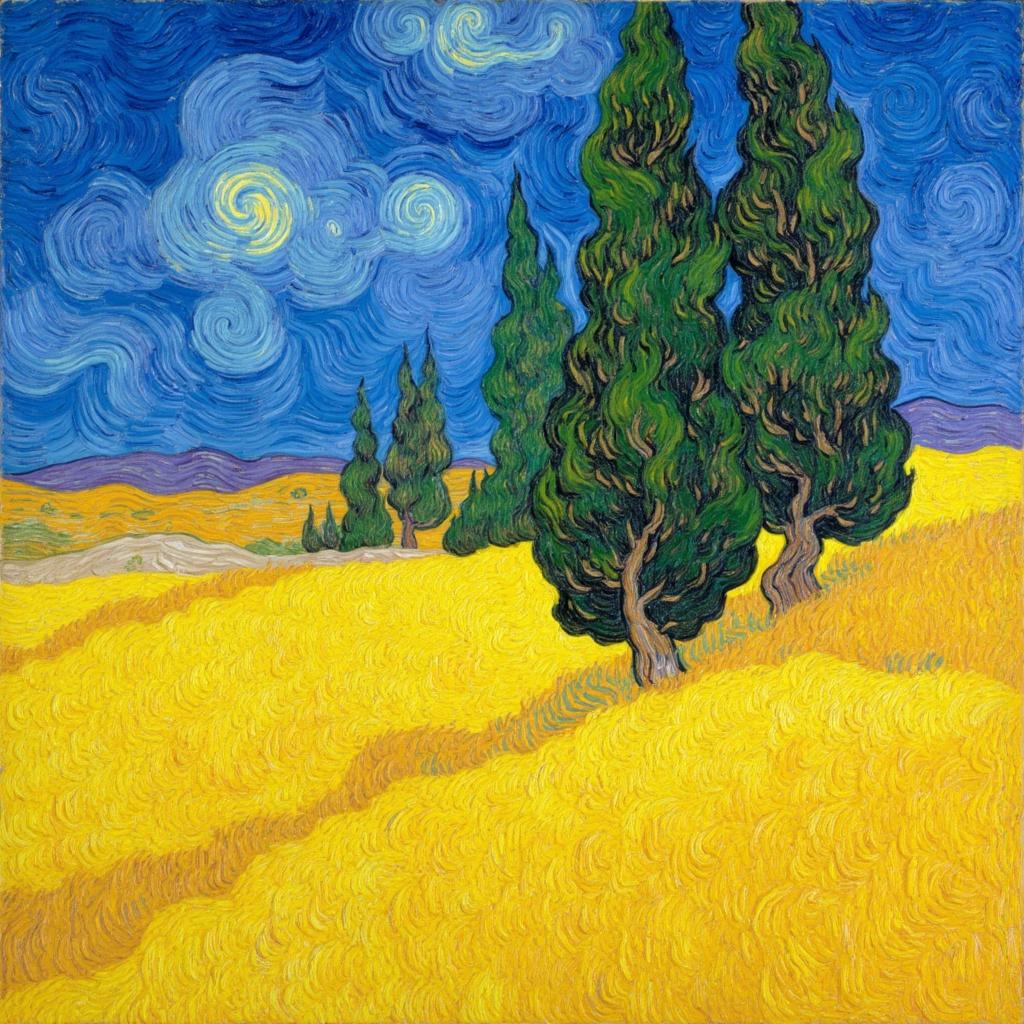 van_gogh, Enriched prompt: Imagine a captivating scene of a wheat field with cypress trees, painted in a vibrant and emotionally charged style. The painting bursts with intense color and dynamic brushwork, capturing the essence of nature's beauty in a way that feels both deeply personal and universally compelling. The wheat fields are rendered in vivid, rich yellows, applied in thick, impasto layers that create a sense of movement and emotional depth. The cypress trees rise majestically from the field, their rich greens contrasting boldly against a sky of swirling blues and oranges. These bold complementary color contrasts heighten the visual impact and add to the painting's intensity.

The brushstrokes are loose and energetic, with swirling, flame-like patterns that give the painting a rhythmic, almost pulsating quality. This dynamic touch, combined with vigorous, linear patterns, breathes life into the scene, evoking a sense of motion and vitality. The sky is alive with shades of blue and orange, while hints of purple and yellow dance within the field, creating a harmonious yet striking composition.

Centering the scene for a crisp, clean look, this artwork is designed to be the perfect digital wallpaper. It transforms any digital space into a canvas of emotional depth and visual intensity, inviting viewers to lose themselves in its rich tapestry of colors and movement.