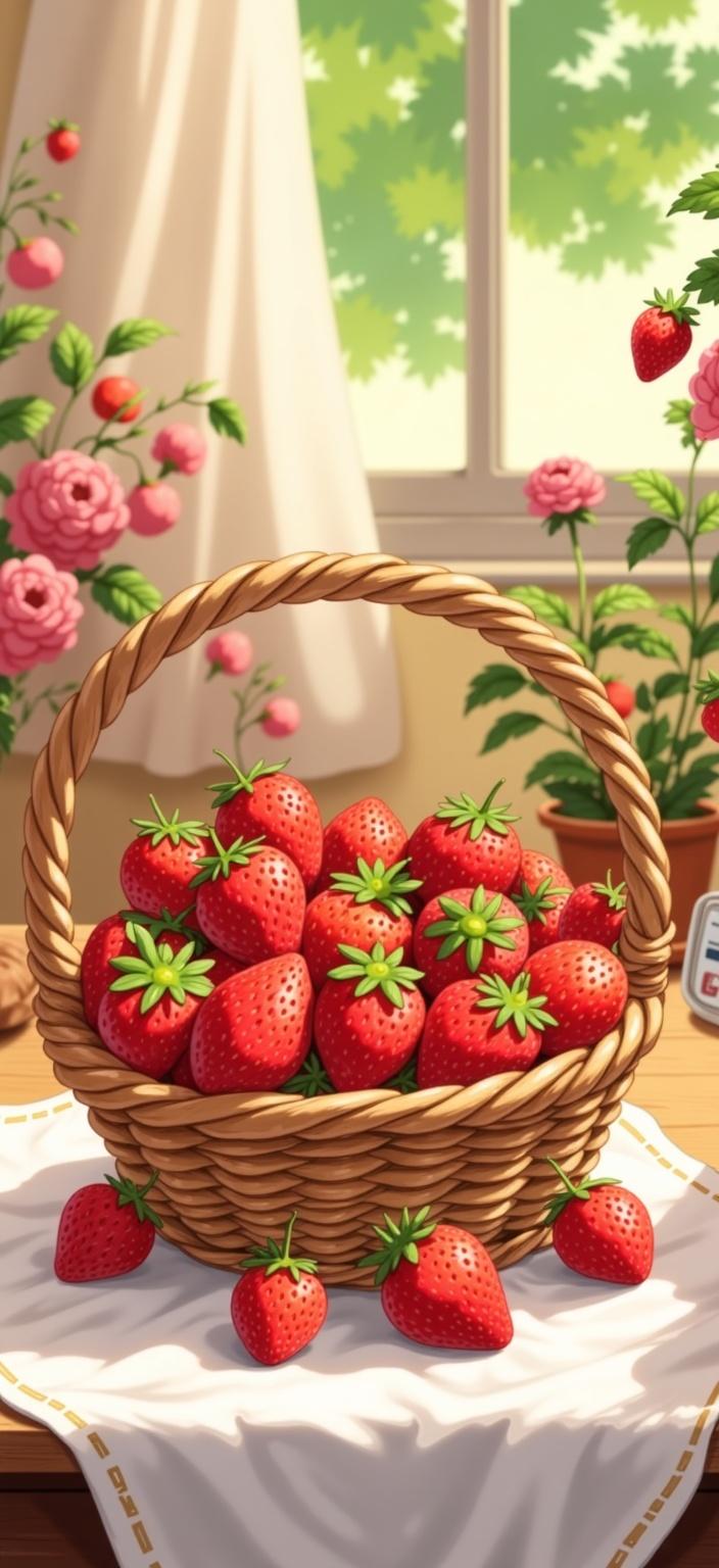 ghibli_illustration, Create a digital wallpaper that captures a serene and inviting scene centered around a handwoven basket brimming with ripe strawberries, nestled atop soft linen. The composition should evoke a cottagecore vibe, immersing the viewer in a sense of warmth and nostalgia. Inspired by the style of hand-drawn animation, the painting should feature richly detailed backgrounds with expressive character designs, incorporating bright colors and a whimsical, joyful aesthetic. The strawberries and basket should exhibit soft, painterly textures, with a visible hand-drawn feel, where pencil sketches and subtle imperfections add charm and authenticity. These details should seamlessly integrate with an organic movement that breathes life into the scene.

The warm, natural lighting should cast a cozy glow over the scene, enhancing the inviting mood and creating an environment that feels both vivid and slightly muted, avoiding harsh contrasts to maintain a dreamy, nostalgic quality. Every element—from the woven patterns of the basket to the delicate folds of the linen—should be meticulously rendered, ensuring that each part of the scene feels tangible and lived-in. The strawberries, as the main subject, should be accurately proportioned and clearly visible, embodying the essence of abundance and freshness. The overall composition should be harmonious, achieving a clean and crisp look perfect for digital wallpaper, inviting users to immerse themselves in a world of charm and simplicity with each glance at their screens.