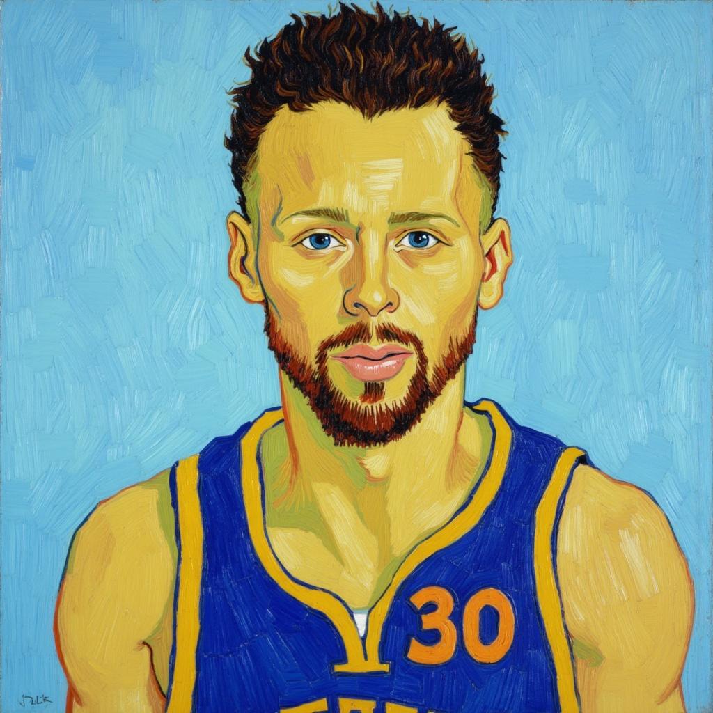 van_gogh, Create a captivating portrait of NBA player Stephen Curry, capturing his dynamic presence and athletic prowess. His face, with its determined expression, should be vividly detailed, showcasing the intensity and focus that defines his career. The painting features a light blue background, enhancing the subject with a serene yet striking contrast. He is donning his iconic jersey, proudly displaying the number 30, which should be rendered with meticulous attention to detail, ensuring its clarity and significance. 

This artwork draws inspiration from an expressive style characterized by intense color, dynamic brushwork, and bold compositions. The vivid, rich colors are applied in thick, impasto layers, creating a dynamic sense of movement and emotional depth, making Stephen Curry appear almost lifelike. Bold complementary color contrasts, such as blue and orange or yellow and purple, are utilized to heighten the visual impact and intensity of the piece. The brushstrokes are loose, energetic, and fluid, with swirling, curly patterns that add a rhythmic, pulsating quality to the painting. 

The dynamic style, combined with vigorous linear patterns, infuses the portrait with a unique sense of motion and life, capturing Curry's essence on the court. This expressionist approach ensures the painting is not only a personal homage to the athlete but also a universally compelling piece of art. The image is centered, ensuring a crisp, clean look, making it perfectly suited for wall art, turning any space into a vibrant gallery.