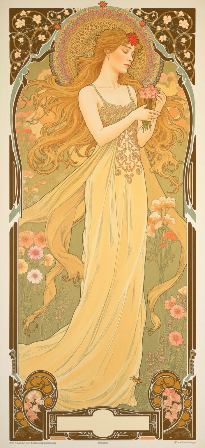 mucha, The artwork features a central figure of a fairy with cascading golden hair that shimmers like sunlight. She is adorned in a dress that elegantly weaves honeycomb patterns into its fabric, creating a visual symphony of nature's wonders. In her delicate hands, she holds a tiny beehive, symbolizing her harmonious relationship with the natural world. A living halo of bees encircles her head, their gentle buzz resonating with the tranquility of the scene. The fairy is framed by a lush arrangement of soft marigolds and clover, their vibrant colors and textures adding depth and warmth to the overall composition.

The painting draws inspiration from the style of flowing, organic lines and intricate decorative patterns. The harmonious blend of natural motifs such as flowers, vines, and celestial elements sets the scene against a highly stylized background. This creates a dreamlike, romantic aesthetic, seamlessly merging fine art with design. The composition is enriched with Mucha's signature blend of delicate colors and exuberant floral motifs, including sinuous vines, blooming flowers, and subtle geometric patterns. These elements enhance the composition with a refined, ornamental quality.

Enclosing the entire scene is an elaborate ornamental frame, its sweeping curves and detailed embellishments reminiscent of a grand Gothic window. This intricate border, adorned with organic patterns, flowers, and celestial symbols, serves as a visual unifier. It acts as a gateway into a realm where nature and human emotion intertwine in poetic harmony, capturing the viewer's imagination and inviting them into this enchanting world.

The image is meticulously centered to ensure a crisp, clean look, making it suitable for printing as a digital wallpaper, providing an elegant and serene visual escape wherever it is displayed.