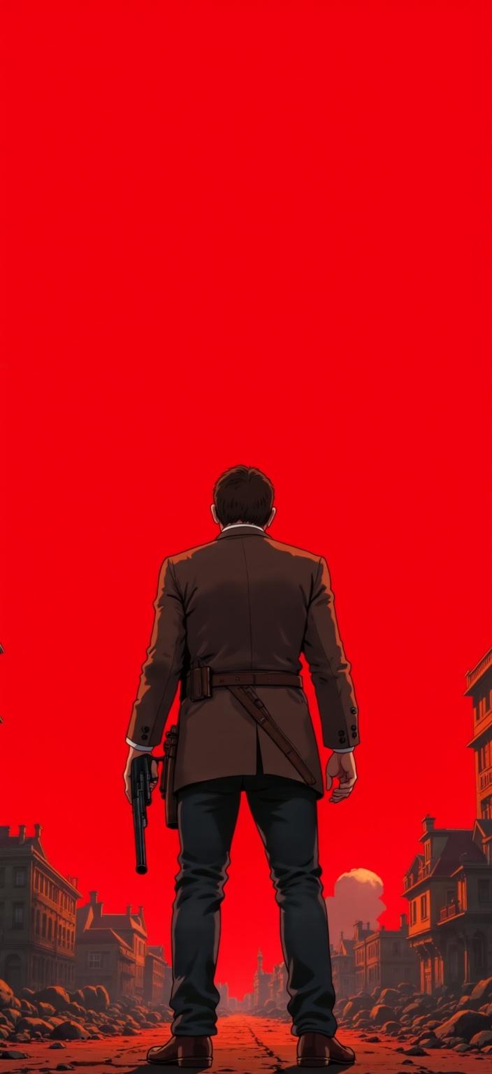 ghibli_illustration, A richly detailed digital wallpaper centers on the back of Arthur Morgan, who is poised with a gun in his hand. The scene is set against a full red background, capturing attention with its vibrant hue while remaining harmonious with the overall composition. This image is painted in a hand-drawn animation style, featuring expressive character designs and a whimsical, joyful aesthetic. The subtle imperfections and organic movement give the artwork a soft, painterly texture, reminiscent of pencil sketches. 

Warm, natural lighting bathes the scene, casting a cozy and inviting mood over the picture. The vivid yet slightly muted colors avoid harsh contrasts, maintaining a dreamy, nostalgic quality throughout. The background is richly detailed, alive with meticulously rendered everyday objects and textures, providing a tangible, lived-in feel to the artwork. 

Arthur Morgan is depicted with accurate proportions, ensuring he remains the focal point of the image. His posture and the gun's positioning are clearly visible, contributing to the scene's dynamic and engaging narrative. This digital wallpaper is designed to be crisp and suitable for printing, encapsulating the nostalgia and dreamlike quality of the style while maintaining the subject's integrity and clarity.