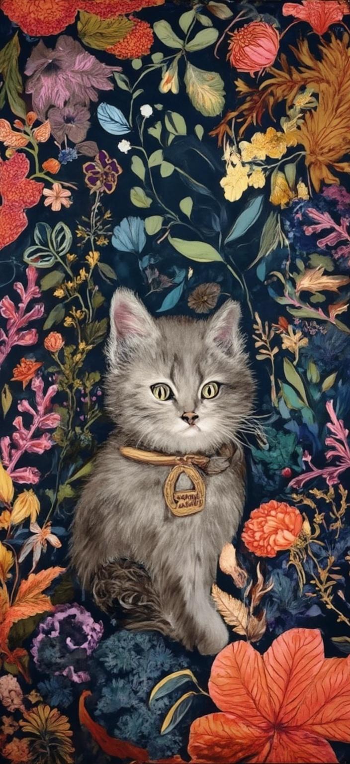 colorful_illustration, A captivating painting featuring a small, adorable gray kitten with striking green eyes, adorned with a charming collar that bears the name 'Motita'. The kitten exudes a sense of playful innocence, sitting at the center of the composition. This enchanting scene is enveloped by a richly colored, dark-toned background, adding depth and contrast to the painting. The artwork embraces a vibrant and colorful illustrative style, evoking a playful, dynamic, hand-drawn aesthetic.

The background is a symphony of organic shapes, where various leaves and floral elements are harmoniously arranged, reminiscent of the lush intricacies found in Scandinavian folk art and mid-century botanical prints. Scattered throughout are decorative elements such as dots, swirls, and abstract motifs, contributing to a luxurious layering of colors and patterns that create a sense of depth and movement. These elements flow naturally around the kitten, enhancing the natural ambiance of the scene.

This artwork is meticulously centered, ensuring a clean, crisp look that is perfect for use as digital wallpaper. The luxuriant details and vibrant colors invite the viewer to lose themselves in the whimsical world of 'Motita', making it not only a captivating piece of art but also a delightful digital adornment for any wall.