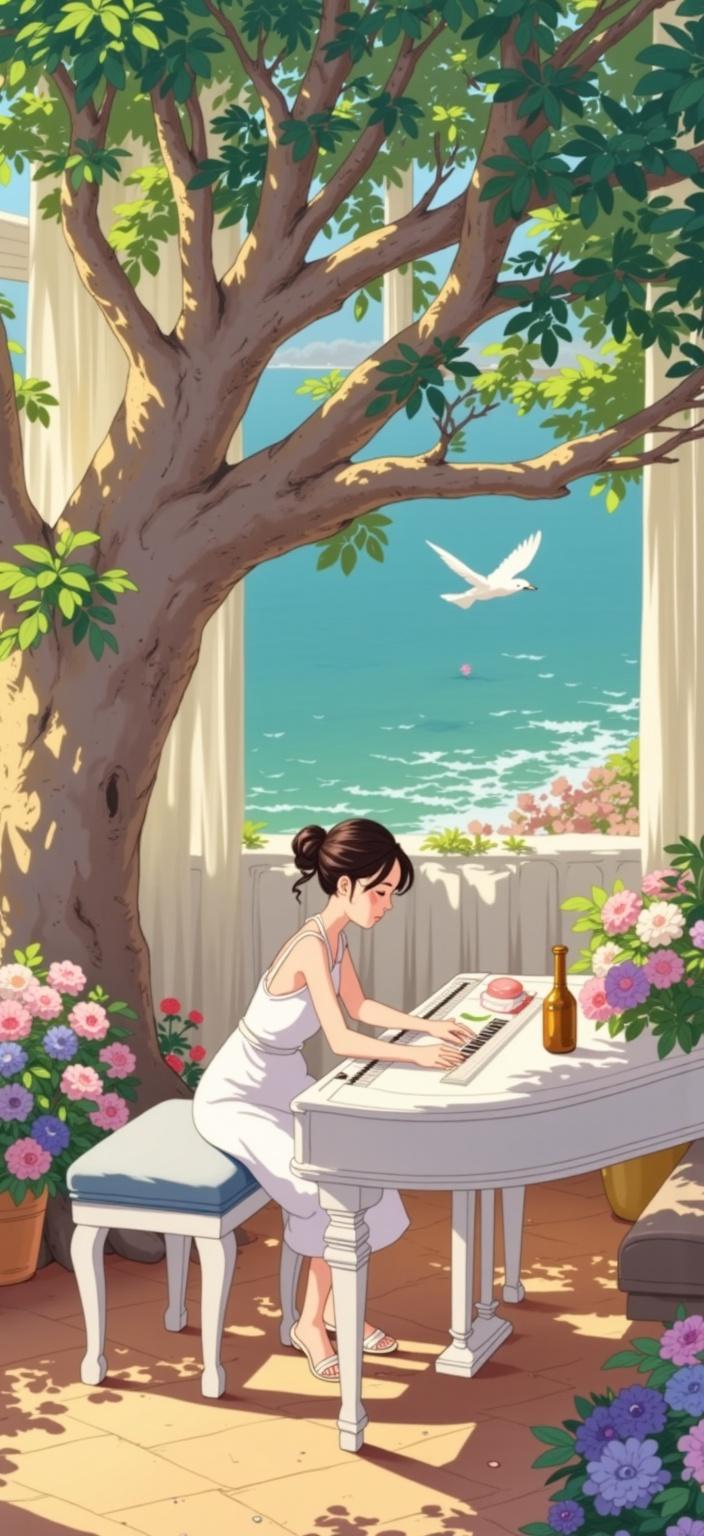 ghibli_illustration, The image portrays a captivating scene that unfolds like a delicate dance of colors and emotions, centered around a Chinese woman named Deng Ziqi as she plays and sings at a pristine white piano. Her presence exudes an air of familiarity and enchantment, as if her serene melodies are woven into the very fabric of your heart. Dressed in an elegant, minimalist sleeveless dress that softly glimmers in white, silver, gray, and a hint of beige, she embodies a perfect blend of modern sophistication and timeless allure. Her ensemble is completed by Qin TiNian floral-embellished square-toe high-heel sandals, whose 2.56-inch chunky heels add a touch of elegance and poise, while the ankle straps lend a chic, stylish flair suitable for spring or summer weddings and soirees.

On the nearby tabletop, a multi-layer foldable carved three-dimensional picture book unfurls its magic, presenting the scene with the artistic whimsy of a three-dimensional flip book in a 4:3 horizontal format. The opened pages reveal a finely crafted paper desktop, each element meticulously folded and combined, reflecting the intricate artistry of conceptual creativity. This dreamlike composition adopts a front plane to capture the vibrant yet slightly muted colors, creating a luminous and inviting ambiance that is both whimsical and nostalgic.

The richly detailed background breathes life into the scene, with everyday objects and textures rendered so tangibly that they evoke a sense of warmth and lived-in comfort. The hand-drawn animation style infuses the artwork with soft, painterly textures and subtle imperfections, imparting an organic movement that echoes the fluidity of music and emotion. The warm, natural lighting bathes the scene in a cozy glow, enhancing the dreamlike quality and inviting an unforgettable exploration of creativity and desire.

This digital wallpaper is designed as a striking, crisp centerpiece, suitable for enriching the ambiance of any digital space. Its whimsical and joyful aesthetic, combined with expressive character designs and richly detailed backgrounds, ensures that Deng Ziqi's ethereal performance remains the focal point, gracefully inspiring authenticity, self-expression, and an embrace of inner creativity.