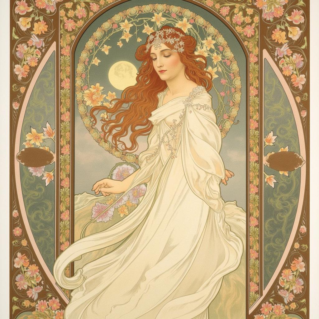 mucha, Enriched prompt: 

Imagine a mesmerizing digital wallpaper featuring a nymph-like female figure, exuding an ethereal and enchanting presence. This central figure, with her graceful and almost otherworldly demeanor, is adorned with ornate decorations that blend seamlessly into her flowing hair and attire. Her delicate features are framed by cascading locks of hair intertwined with sinuous vines and blooming flowers, each petal painted in soft, pastel hues reminiscent of a romantic dreamscape.

The scene is imbued with the essence of Mucha’s flowing, organic style, where intricate decorative patterns weave through the composition like a gentle breeze. The nymph stands amidst a backdrop of celestial elements, with shimmering stars and whimsical moons gently floating above, casting a serene glow over the entire scene. The harmonious blend of these natural motifs creates an atmosphere of tranquil beauty, inviting the viewer to lose themselves in this enchanting world.

Surrounding the imagery is a magnificent ornamental frame, echoing the grandeur of a Gothic window with its sweeping curves and elaborate embellishments. This intricate border, adorned with organic patterns of flowers and celestial symbols, not only highlights the central figure but also serves as a passage into a dreamlike realm where nature and human emotion coexist in exquisite harmony. The delicate and refined color palette, exuberant with floral motifs and enhanced by subtle geometric patterns, lends the piece a refined, ornamental quality, perfect for a digital wallpaper that offers a window into this poetic sanctuary.