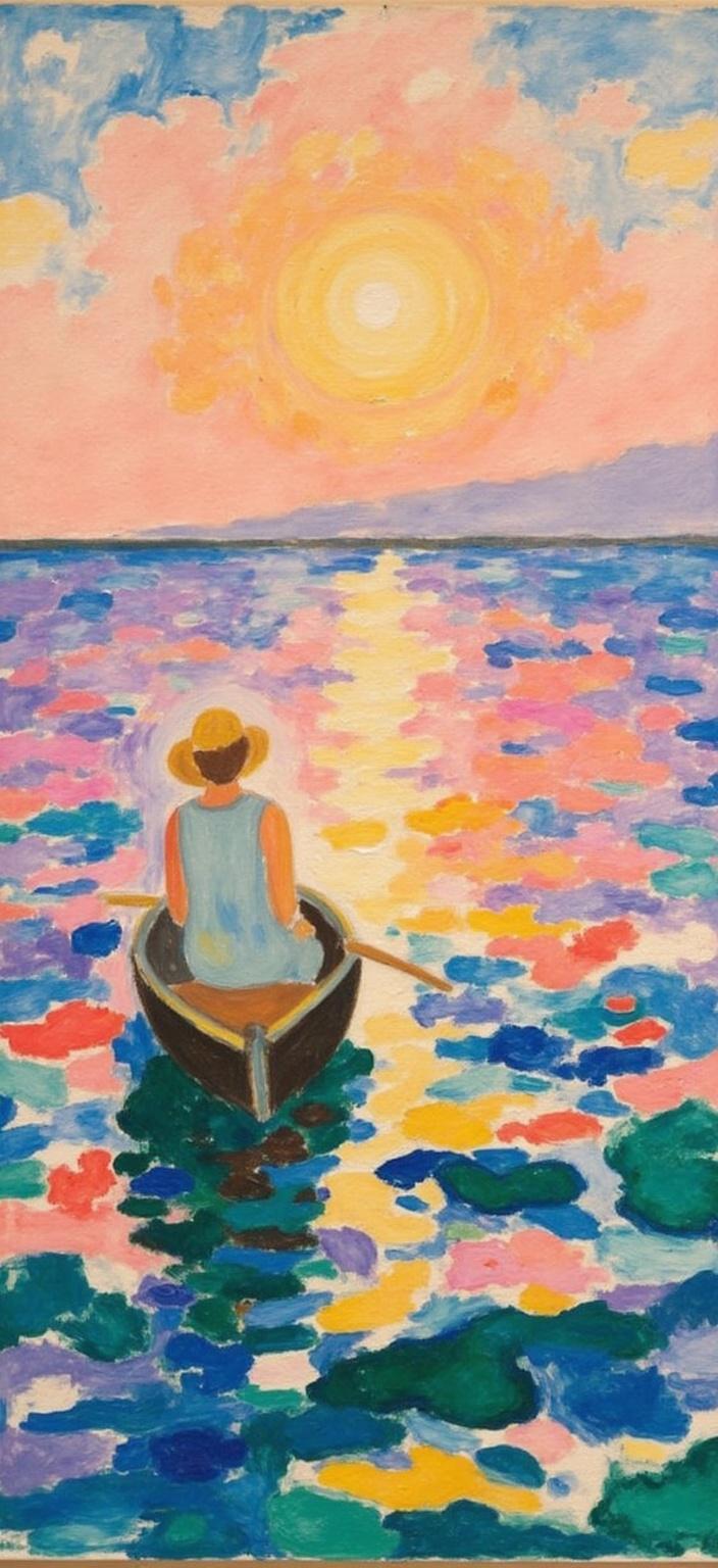 mattise_nice, Enriched prompt: The painting captures a serene scene where a small rowboat is the focal point, featuring a man wearing a straw hat, depicted from behind. The composition is centered to ensure a crisp, clean look suitable for digital wallpaper. The man, seated calmly in the boat, drifts through rhythmic, undulating waves that reflect an array of warm hues—a symphony of oranges, pinks, and purples—cast by the breathtaking sunset in the distance. The water's surface is a dance of colors, reminiscent of Matisse's "Nice" period, where vibrant, bold colors and soft, flowing lines create a harmonious balance. The sky above blends seamlessly with the horizon, with wisps of clouds catching the sunset's glow. The artwork is infused with a sense of tranquility and quiet reflection, inviting the viewer to ponder the vastness of the sea and the beauty of the moment captured. This digital masterpiece is designed to transform any screen into a window to a peaceful, picturesque evening on the water.
