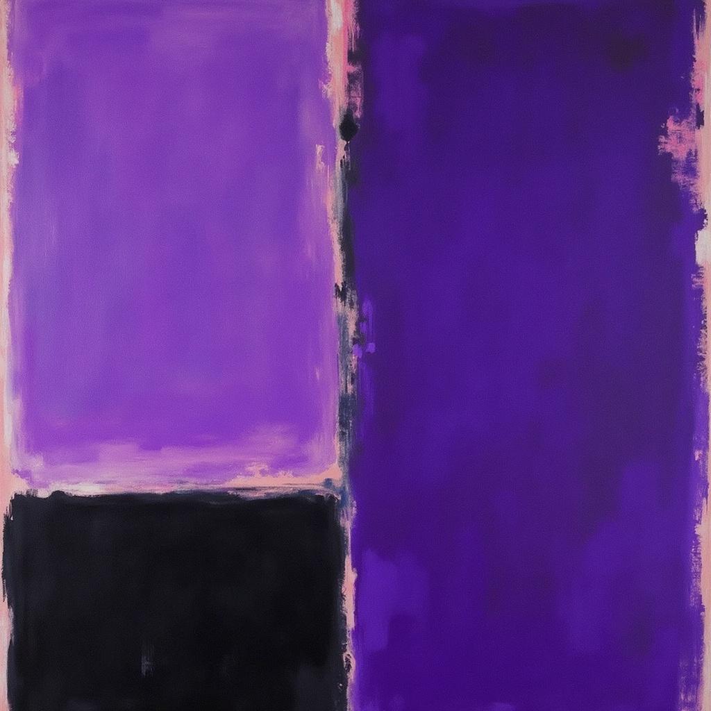rothko, Create a captivating painting that captures luminous blocks of purple and black, infused with a sense of “inner light” and remarkable luminosity. Employ a technique of complex layering with translucent colors that allow light to filter through, as if the painting itself is glowing. At close range, the colors should appear to melt and fuse, their boundaries softly blurred and indistinct, while from a distance, the soft-edged rectangles hover weightlessly on the canvas. These floating zones of color should be rendered with richly varied surfaces, where paint drips or strokes run in unconventional directions, adding a dynamic texture to the composition. The overall image should be centered, ensuring a crisp, clean look that is perfect for wall art, inviting viewers to lose themselves in the depth and serenity of the luminous forms.