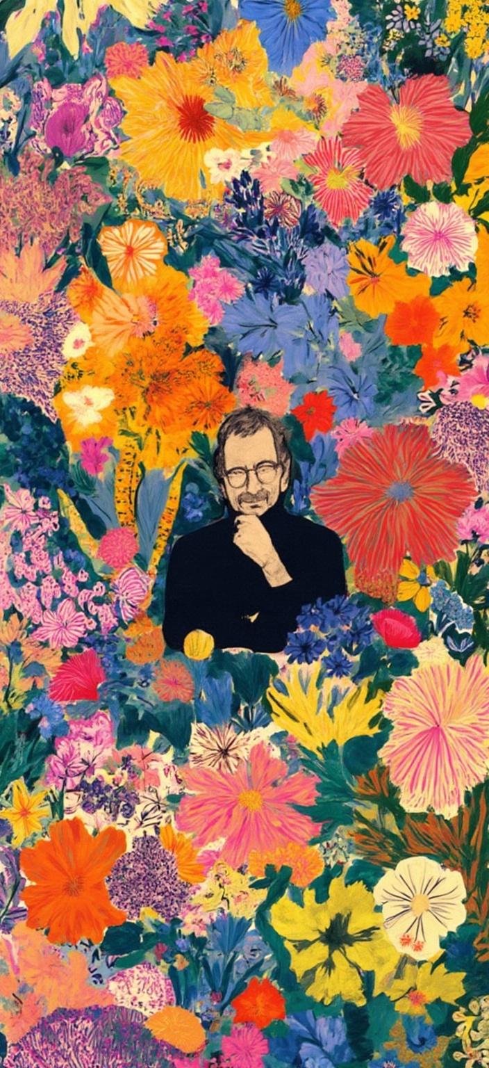 colorful_illustration, A vibrant and colorful illustration of Steve Jobs, capturing his iconic presence with a touch of playfulness and dynamism. The painting portrays Steve Jobs at the center, characterized by a hand-drawn feel that adds a personal touch to his figure. His thoughtful expression is complemented by the stylish simplicity of his trademark attire—black turtleneck, round glasses, and serene confidence.

The background is a lively tapestry of organic shapes intertwined with scattered decorative elements, echoing a harmonious blend reminiscent of Scandinavian folk art and mid-century botanical prints. Various leaves and floral elements weave across the canvas, contributing a natural, free-flowing quality to the design. The lavish, decorative style embraces an intricate composition, integrating bold organic shapes with delicate details such as dots, swirls, and abstract motifs.

Luxurious layers of colors and patterns are applied masterfully, creating depth and movement that draw the viewer's eyes around the canvas. The radial floral patterns emerge subtly behind Steve Jobs, enhancing the overall sense of balance and elegance.

This artwork is crafted to fit perfectly as a digital wallpaper, ensuring clarity and vibrancy, while offering an exquisite tribute to the visionary innovator in a format that celebrates his legacy with creativity and flair.