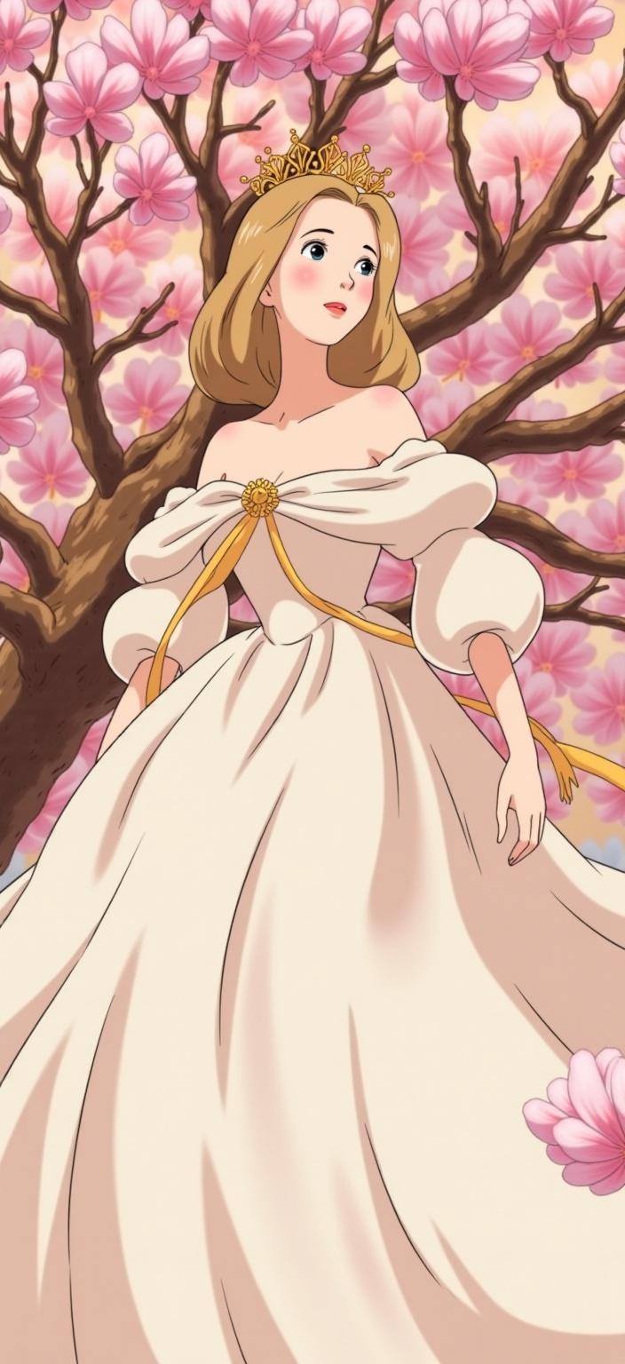 ghibli_illustration, Certainly! Here's how you can enrich the prompt for creating an art painting in the specified style:

---

**Enriched Prompt:**

Create an enchanting digital wallpaper that captures the essence of a regal figure adorned with an elaborate crown crafted from delicate magnolia blossoms. The gown they wear flows elegantly, shimmering in soft whites, exuding a sense of grace and refinement. Encircling this majestic figure, stylized magnolia branches extend, their petals a symphony of pastel pinks intertwined with glimmers of gold, subtly framing the central character in an aura of natural elegance.

Draw inspiration from the style of hand-drawn animation known for its richly detailed backgrounds and expressive character designs. Infuse the composition with bright colors to achieve a whimsical and joyful aesthetic. Employ soft, painterly textures and a hand-drawn feel, using pencil sketches that celebrate subtle imperfections, contributing to an organic sense of movement. The lighting should be warm and natural, imparting a cozy and inviting mood, while ensuring the colors are vivid yet slightly muted to maintain a dreamy, nostalgic quality.

Ensure the regal figure is perfectly proportioned and occupies the center of the image to create a crisp, clean look that is excellent for digital wallpaper. Surrounding elements, like the magnolia branches, should be meticulously rendered to feel alive and tangible, enhancing the dreamlike and lush environment. Let everyday textures and objects complement the scene, creating a world that feels both magical and lived-in, with a nostalgic and immersive atmosphere.

--- 

This enriched prompt provides a comprehensive guide for creating a detailed and stylistically consistent artwork suitable for a digital wallpaper.