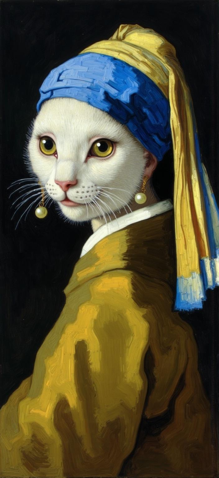 van_gogh, Enriched prompt: Create a captivating digital wallpaper featuring a white cat with large, expressive eyes, elegantly dressed as Vermeer’s iconic ‘Girl with a Pearl Earring’. The cat is adorned in a golden-brown robe, paired with a striking blue and yellow headscarf, and accentuated by a large, lustrous pearl earring. The background is dark and minimal, meticulously crafted to highlight the soft lighting that dances across the cat’s fur, enhancing its gentle expression. Painted in the classical Dutch Baroque style with a twist of bold inspiration, the artwork showcases intense color and dynamic brushwork. Vivid, rich colors are applied in thick, impasto layers, creating a sense of movement and emotional depth. Complementary color contrasts, such as the blue of the headscarf against the golden-brown robe, heighten the visual impact and intensity. The brushstrokes are loose, energetic, and swirling, with curly, flame-like patterns that imbue the painting with a rhythmic, pulsating quality. This dynamic touch, combined with vigorous, linear patterns, breathes life and motion into the composition, ensuring a crisp, clean aesthetic perfect for digital wallpaper. The result is an artwork infused with raw emotion and a sense of urgency, making it both deeply personal and universally compelling.