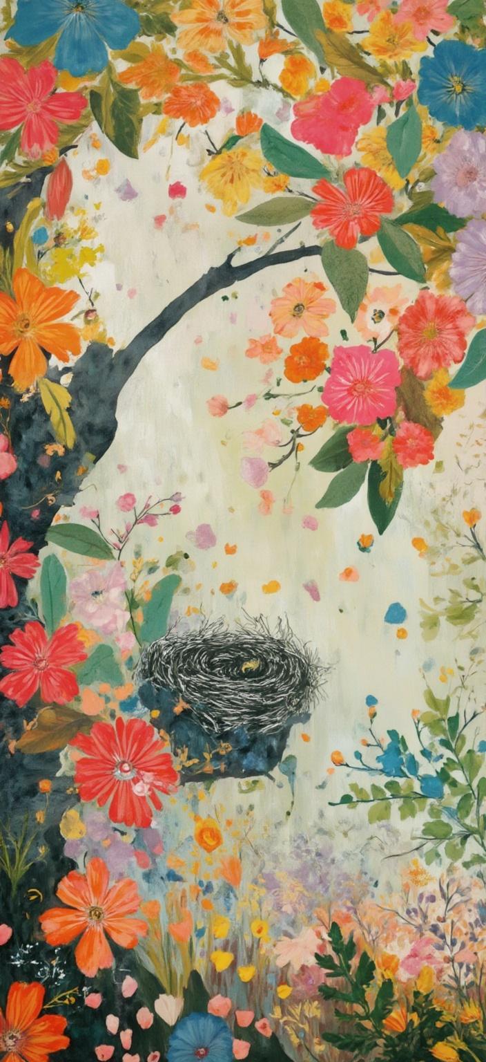 colorful_illustration, The painting captures a serene and enchanting scene, where rain-speckled petals adorn the branches of magnificent trees. Each petal glistens with tiny droplets, reflecting the vibrant spectrum of colors—rich reds, deep blues, and vivid yellows. The foggy background creates a soft, ethereal atmosphere, blending seamlessly into the foreground, where a sense of mystery and tranquility lingers.

Nestled in the crook of one of these majestic trees, a bird’s nest is delicately woven with twigs and leaves. Inside, the nest holds the precious promise of life in the form of chicks or eggs, symbolizing hope and renewal. This central element adds a dynamic focal point, drawing the viewer's eye into the heart of the composition.

The entire landscape is alive with a sense of playful movement and intricate detail, echoing the vibrant and colorful illustration style. Organic shapes and scattered decorative elements such as abstract swirls, dots, and motifs dance harmoniously across the canvas, reminiscent of Scandinavian folk art and mid-century botanical prints. The lavish, decorative style of the painting is accentuated by luxurious layers of colors and patterns, creating depth and movement.

The harmonious blend of radial floral patterns and bold, organic shapes contributes to a serene yet dynamic hand-drawn feel. This enchanting artwork, centered perfectly for a digital wallpaper, is designed to captivate and inspire with its intricate composition and vibrant energy, ensuring a crisp and clean aesthetic suitable for any digital display.
