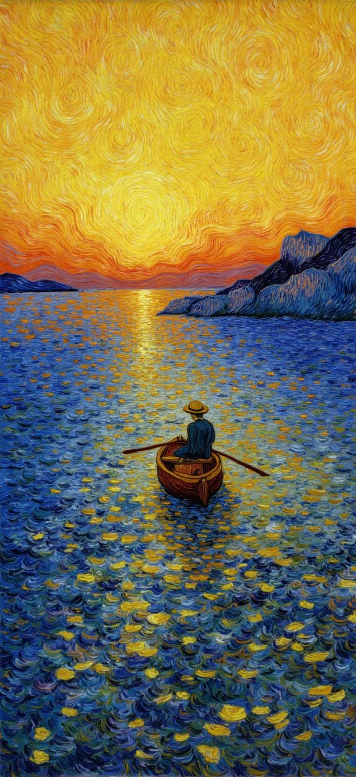 van_gogh, In the center of this expressive and vibrant painting, a small rowboat glides gracefully through the enchanting scene, carrying a solitary figure whose straw hat subtly tilts as he faces the horizon. The artistry captures him from behind, cloaking him in mystery against the backdrop of a mesmerizing sunset. The waves, painted with a rhythmic fluidity, undulate with gentle grace, reflecting a cascade of warm, sunlit hues that blend seamlessly with the sky above. 

The artwork, inspired by a style celebrated for its intense use of color and dynamic brushwork, employs vivid, rich colors applied in thick, impasto layers. This technique breathes life into the scene, creating a sense of movement and emotional depth. The vibrant palette plays with bold complementary contrasts—the cool, tranquil blues of the water dance against the fiery oranges of the sky, while subtle hints of yellow and purple inject additional vibrancy and intensity.

Loose, energetic brushstrokes swirl across the canvas, forming curly, flame-like patterns that impart a rhythmic, almost pulsating quality to the work. This dynamic touch, coupled with vigorous, linear patterns, ensures a unique sense of motion and life within the painting. Infused with raw emotion and a sense of urgency, the artwork resonates as both deeply personal and universally compelling, making it an ideal choice for a digital wallpaper that transforms any space with its captivating energy.