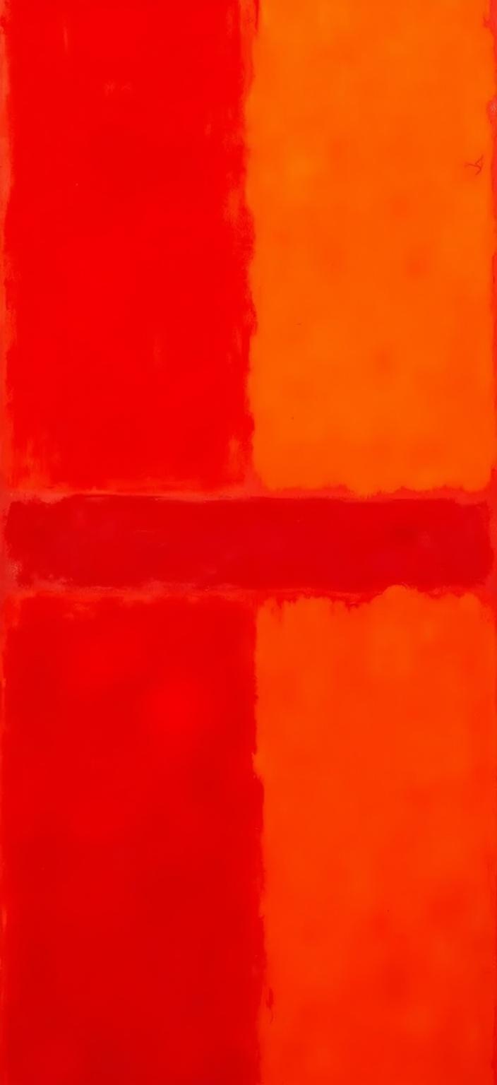 rothko, Create a captivating digital wallpaper that embodies the essence of abstract color fields, focusing on vibrant shades of red and orange. Taking inspiration from a style that utilizes complex layering of translucent colors, this artwork will allow light to filter through, giving the painting an ethereal appearance of "inner light" and remarkable luminosity. 

At a closer look, the red and orange hues seem to melt and fuse together, creating blurred boundaries between amorphous shapes. As the viewer steps back, the soft-edged rectangles appear to hover weightlessly on the canvas, forming floating zones of color that invite contemplation and intrigue. 

Richly varied surfaces add depth to the composition, with paint drips or strokes running in unconventional directions, enhancing the dynamic nature of the piece. Each layer and stroke is meticulously crafted to ensure a crisp, clean look, perfectly centered to transform any space when printed as digital wallpaper. This artwork will be a mesmerizing, luminous focal point that balances intensity with tranquility.