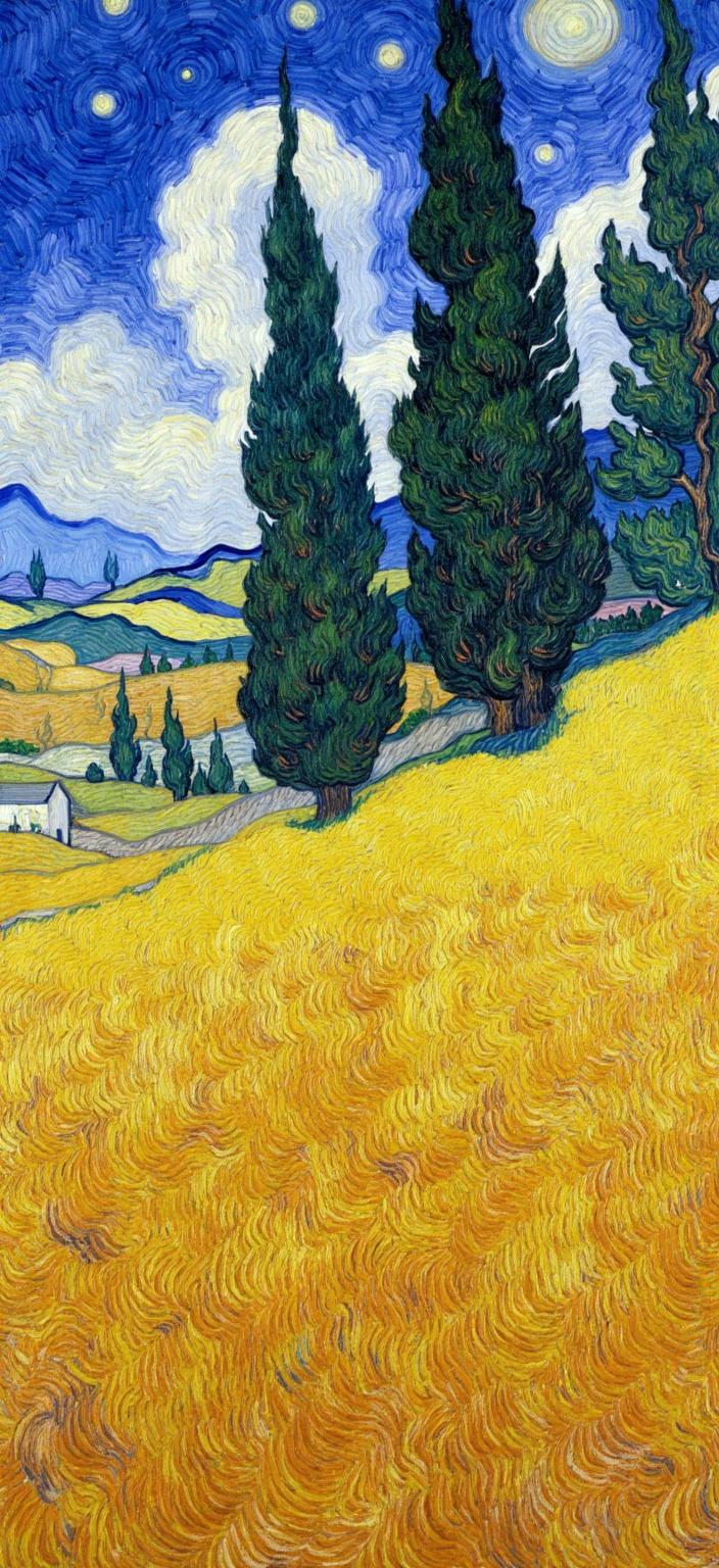van_gogh, Enriched prompt: Imagine a stunning digital wallpaper featuring a mesmerizing wheat field with cypress trees that draws inspiration from a vivid and emotionally charged painting style. The scene is a captivating symphony of intense color and dynamic brushwork, where the wheat fields stretch endlessly, bathed in a rich tapestry of yellows and purples. The towering cypress trees rise majestically in bold, complementary contrasts of deep blues and vibrant oranges, creating a striking visual impact that commands attention.

The composition is infused with raw emotion, embodying both a personal depth and a universal allure that speaks to the heart. Thick, impasto layers of paint are applied with vigorous energy, capturing the essence of a breezy day, as the wheat sways gently and the trees stand tall. Each brushstroke is alive with movement, swirling in curly, flame-like patterns that ripple across the canvas, bringing a sense of rhythm and pulsating life to the scene.

This artwork, perfectly centered, ensures a crisp and clean look ideal for a digital wallpaper. Its bold, expressive compositions and rhythmic patterns invite viewers to become lost in the landscape, feeling the urgency and emotional depth that radiate from every inch of the painting. Transform your space with this image, an evocative blend of nature, emotion, and artistic flair, suitable for enhancing any digital environment.