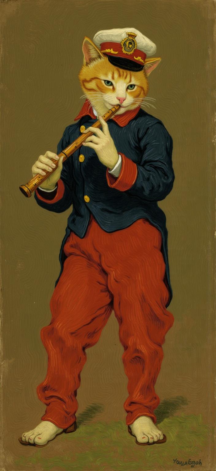 van_gogh, Create a digital wallpaper featuring a standing orange tabby cat dressed in a historical military band uniform, reminiscent of Édouard Manet’s ‘The Fifer’. The cat is adorned in red pants and a dark navy jacket with gold buttons, along with a military-style cap accented with red and yellow. It is holding a flute predominantly with its left paws, positioned on the viewer’s right, posing mid-performance in a manner that captures the essence of a whimsical yet classic tableau. The background is a muted, painterly olive-brown, emulating the rich textures of 19th-century oil paintings.

The artistic style draws inspiration from intense color and dynamic brushwork. Expect vivid, rich colors applied in thick impasto layers, creating a sense of movement and emotional depth. The painting employs bold complementary color contrasts, such as blue and orange, or yellow and purple, to heighten visual impact and intensity. Brushstrokes are loose, energetic, often swirling with curly, flame-like patterns that provide a rhythmic, almost pulsating quality. This dynamic touch, combined with vigorous, linear patterns, adds a unique sense of motion and life to the piece, making it both deeply personal and universally compelling.

The entire composition is centered to ensure a crisp, clean look, ideal for a refined and captivating digital wallpaper.
