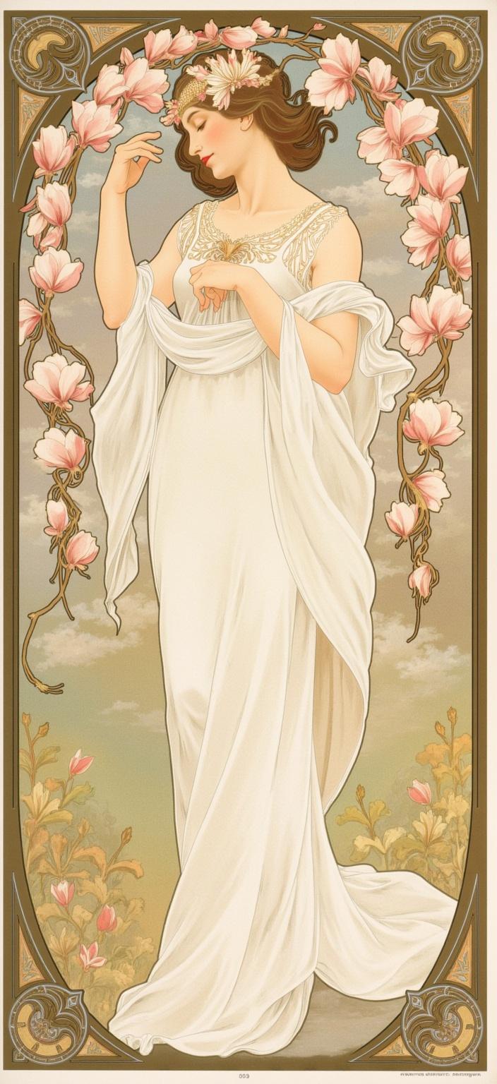 mucha, A regal figure stands majestically at the center of the composition, exuding an aura of elegance and nobility. The figure is adorned with an elaborate crown made of magnolia flowers, each delicate petal meticulously crafted in shades of soft white and blush pink, intertwined with glistening gold accents that catch the light. This crowning glory complements the figure's flowing white gown, which cascades gracefully to the ground, its fabric whispering the gentle drapery of classical sculpture.

Surrounding the majestic figure is a frame of stylized magnolia branches, their pastel pink blossoms and gleaming golden leaves extending in flowing, organic lines that draw the eye inward. These branches, with their sinuous vines and intricate detailing, form a natural tapestry, setting a harmonious rhythm that echoes throughout the piece. Intertwined among the branches are subtle geometric patterns and celestial motifs, hinting at stars and moons, adding a layer of mystique and wonder.

The background is a soft, painterly haze of muted colors, evoking a dreamlike atmosphere where the boundaries between reality and imagination blur. This ethereal backdrop enhances the romantic aesthetic, immersing the viewer in a world where nature and art coexist in perfect harmony.

The entire scene is enclosed within a grand ornamental frame, echoing the gothic splendor of Mucha's designs. This frame, with its sweeping curves and detailed embellishments, acts as both a boundary and an invitation to enter a realm where beauty and emotion intertwine. Adorned with organic patterns, flowers, and celestial symbols, the frame serves as a visual unifier, encapsulating the artwork's dreamlike essence.

This richly detailed and harmonious composition is perfectly adapted for digital wallpaper, ensuring a crisp, clean look suitable for any screen, transforming a digital space into a portal to this poetic, enchanted world.