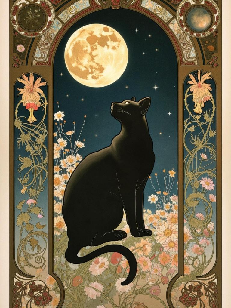 mucha, Enriched prompt:

The painting features a mesmerizing scene where a sleek, black cat is centered, gazing up at the sky. The cat's fur is a blend of inky midnight shades, capturing the subtle sheen of moonlight. Above, the night sky is a deep, velvety canvas, punctuated by a radiant full moon that casts its silvery glow across the scene. Stars twinkle gently, adding a touch of celestial magic to the tranquil night. 

The overall composition is in the style inspired by Alphonse Mucha, characterized by flowing, organic lines and intricate decorative patterns. The background is an artistic tapestry of natural motifs, blending lush, sinuous vines with blooming flowers and celestial elements, evoking a dreamlike, romantic aesthetic. Delicate colors imbue the scene, with soft pastels contrasting against the dark night, while exuberant floral motifs weave in and out of the frame, introducing a refined, ornamental quality.

The painting is encapsulated within an elaborate ornamental frame, reminiscent of a grand Gothic window. This intricate border, with its sweeping curves and detailed embellishments, is adorned with organic patterns, flowers, and celestial symbols. It serves as both a visual unifier and a gateway into this ethereal scene, where the mysterious allure of the night and the grace of the natural world harmoniously intertwine.

This captivating image is designed to be used as a digital wallpaper, ensuring a crisp, clean look suitable for any screen, offering a portal into a peaceful, otherworldly realm every time the device is viewed.