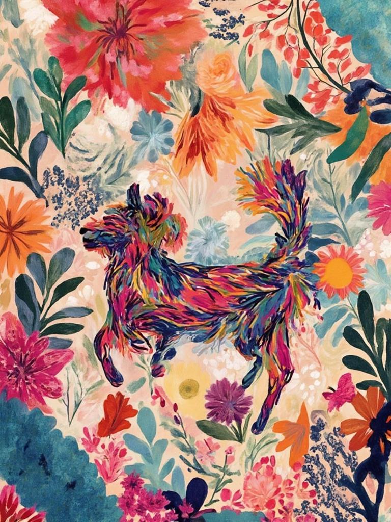colorful_illustration, In the center of the canvas, a joyful dog is captured mid-leap, its fur a tapestry of vibrant, swirling colors that capture the dynamism and happiness of the scene. The dog's ears flap in the air, and its mouth is open in a joyous expression, conveying a sense of uncontainable excitement and freedom. The background is alive with an array of organic shapes and scattered decorative elements that dance around the central figure. Lush, mid-century botanical leaves and floral elements are interwoven with abstract motifs, such as swirling dots and gentle, flowing lines, all harmoniously arranged to provide a whimsical, yet sophisticated backdrop.

This composition draws inspiration from vibrant and colorful illustration styles, evoking a playful, dynamic, and hand-drawn feel. Layers of rich colors and patterns overlap, crafted with a luxurious touch that ensures a sense of depth and movement throughout the piece. The intricate blending of bold organic shapes with delicate details invites the viewer into a scene where lavish decorative styles and the influence of Scandinavian folk art mingle seamlessly.

Designed specifically for digital wallpaper, the imagery is meticulously centered to offer a crisp and clean aesthetic, ideal for enhancing digital spaces with its exuberant energy and artful elegance. The elements are balanced to ensure the jumping dog remains the focal point, while the intricate background provides a captivating yet harmonious accompaniment.