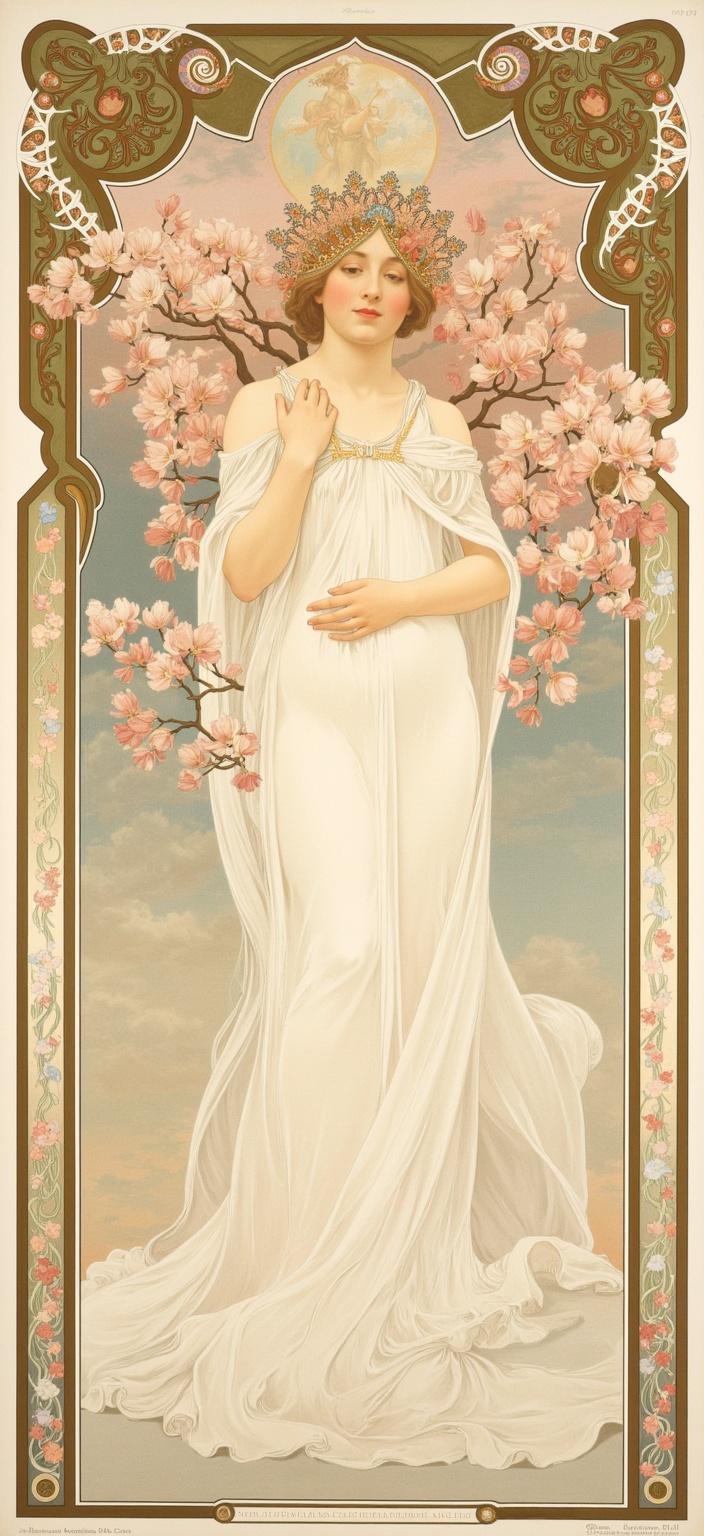mucha, The painting features a regal figure, exuding an aura of serene elegance, adorned with an elaborate magnolia crown that sits proudly upon their head. The figure is draped in a flowing white gown, its ethereal fabric cascading in soft waves to the ground, capturing the essence of grace and purity. Their presence is framed by stylized magnolia branches in enchanting pastel pinks and shimmering gold, as if nature itself is paying homage to their royal grace.

The scene is painted in a style that draws inspiration from flowing, organic lines and intricate decorative patterns. The background is a soft, painterly field that blends seamlessly into the elements of the foreground, creating a harmonious blend of natural motifs. Flowers, vines, and celestial elements intertwine with sinuous fluidity throughout the composition, evoking a dreamlike, romantic aesthetic synonymous with the art of Alphonse Mucha. Delicate colors imbue the scene with an exuberant yet refined quality, while subtle geometric patterns enhance the ornamental allure of the piece.

The entire tableau is enclosed within an elaborate ornamental frame, its sweeping curves and detailed embellishments harking back to the grandeur of a Gothic window. This intricate border, adorned with organic patterns, blooming flowers, and celestial symbols, not only unites the composition visually but also acts as a gateway into a realm where nature and human emotion are poetically intertwined.

Designed with care for a digital-wallpaper, the centered composition ensures a crisp and clean look, making it suitable for transforming any digital space into a serene escape. This work of art captures the ethereal beauty and intricacy of nature, rendered with the elegance and ornamental grace that invites the viewer to dwell within its dreamlike embrace.