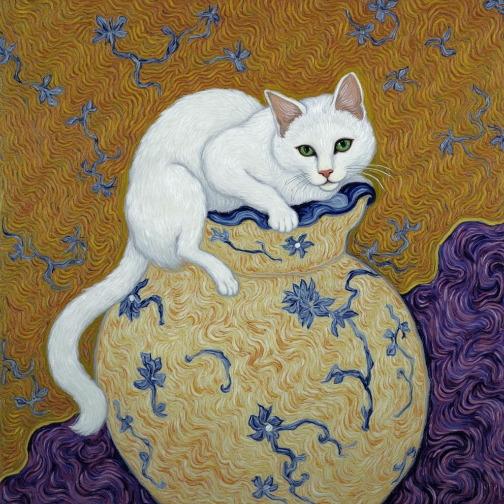van_gogh, Enriched prompt: A captivating painting that features a serene white cat gracefully perched atop a large, ornate vase. The cat’s fur is rendered in vivid, rich shades of snow-white, accented with soft hints of cream and silver that catch the light, adding depth and texture. Its eyes, a striking shade of emerald green, gaze out with a mysterious and knowing look, drawing the viewer in. The vase is equally detailed, adorned with intricate floral patterns in complementary colors of cobalt blue and fiery orange, each petal and leaf brought to life with dynamic brushwork. The background is a swirling tapestry of bold, intense hues—vibrant purples and radiant yellows—that create a stark contrast with the tranquility of the cat, evoking a sense of movement and emotional depth. The energetic and flame-like brushstrokes envelop the scene, imbuing it with a rhythmic vitality, as if the entire painting pulses with life. This expressive composition, rendered with thick impasto layers, conveys a raw emotion and urgency, making it a compelling piece suitable for striking wall art.