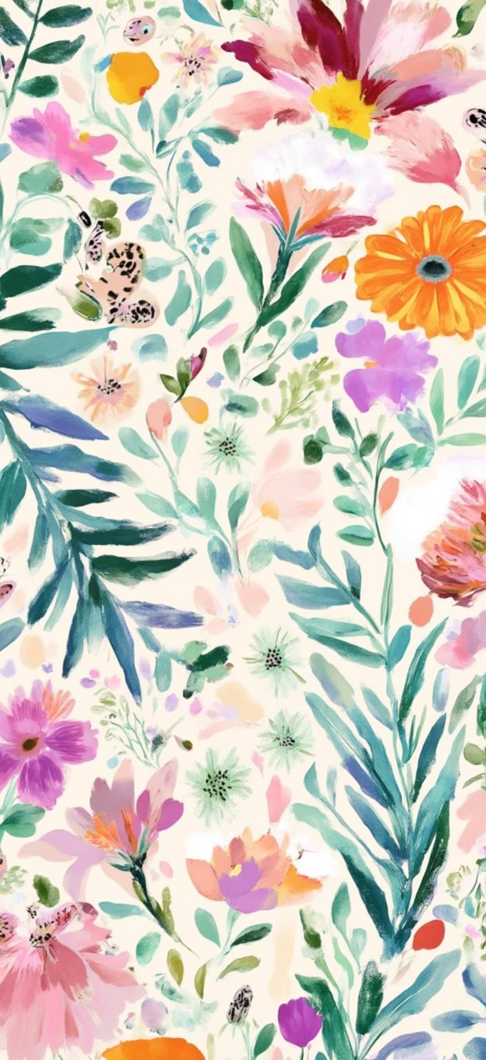 colorful_illustration, Create a vibrant and colorful digital wallpaper featuring abstract floral patterns in watercolor, inspired by the essence of spring in tones of mint, blush, lavender, and cream. The design should embrace a playful, dynamic, and hand-drawn feel, exuding a sense of organic elegance and whimsical charm. The background is adorned with flowing organic shapes and scattered decorative elements, seamlessly interwoven to create a harmonious tapestry reminiscent of Scandinavian folk art and mid-century botanical prints. The composition is lavish and intricately detailed, combining bold organic shapes with delicate touches. Expect scattered ornamental elements like dots, swirls, and abstract motifs that add to the luxurious layering of colors and patterns, giving an illusion of depth and movement. The radial floral patterns should be artfully arranged across the canvas, ensuring a crisp and clean look that is perfect for high-quality digital wallpaper, ready to bring a fresh and enchanting ambiance to any space.