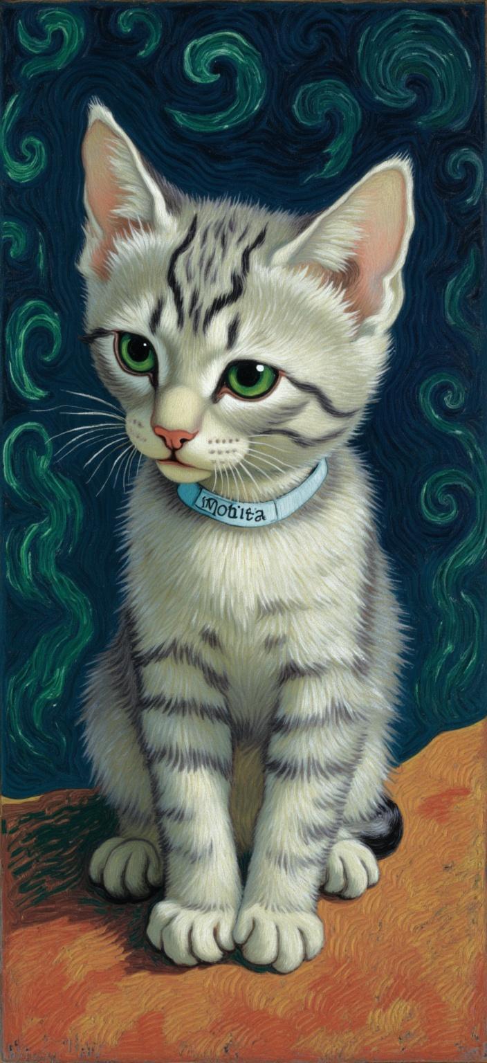 van_gogh, Envision a delightful scene, tailor-made for digital wallpaper, centered on a charming, slightly fluffy gray kitten with captivating green eyes. Around its neck rests a delicate collar, inscribed with the name "Motita," adding a personalized touch to this heartwarming portrait. The background is a mesmerizing blend of deep blue, entwined with streaks of verdant green and vibrant red, creating an atmospheric backdrop that enhances the kitten's gentle demeanor.

The artwork draws inspiration from a style characterized by intense color, dynamic brushwork, and bold, expressive compositions. The vivid, rich colors are laid in thick, impasto layers, adding a sense of movement and emotional depth to the scene. The painting skillfully employs bold complementary color contrasts, heightening its visual impact and intensity. The brushstrokes are loose, energetic, and often swirling, forming curly, flame-like patterns that imbue the piece with a rhythmic, almost pulsating quality. This dynamic approach, coupled with vigorous, linear patterns, imbues the artwork with a unique sense of motion and life, capturing not only the physical likeness of the kitten but also an essence of raw emotion and urgency, making the piece both deeply personal and universally compelling.