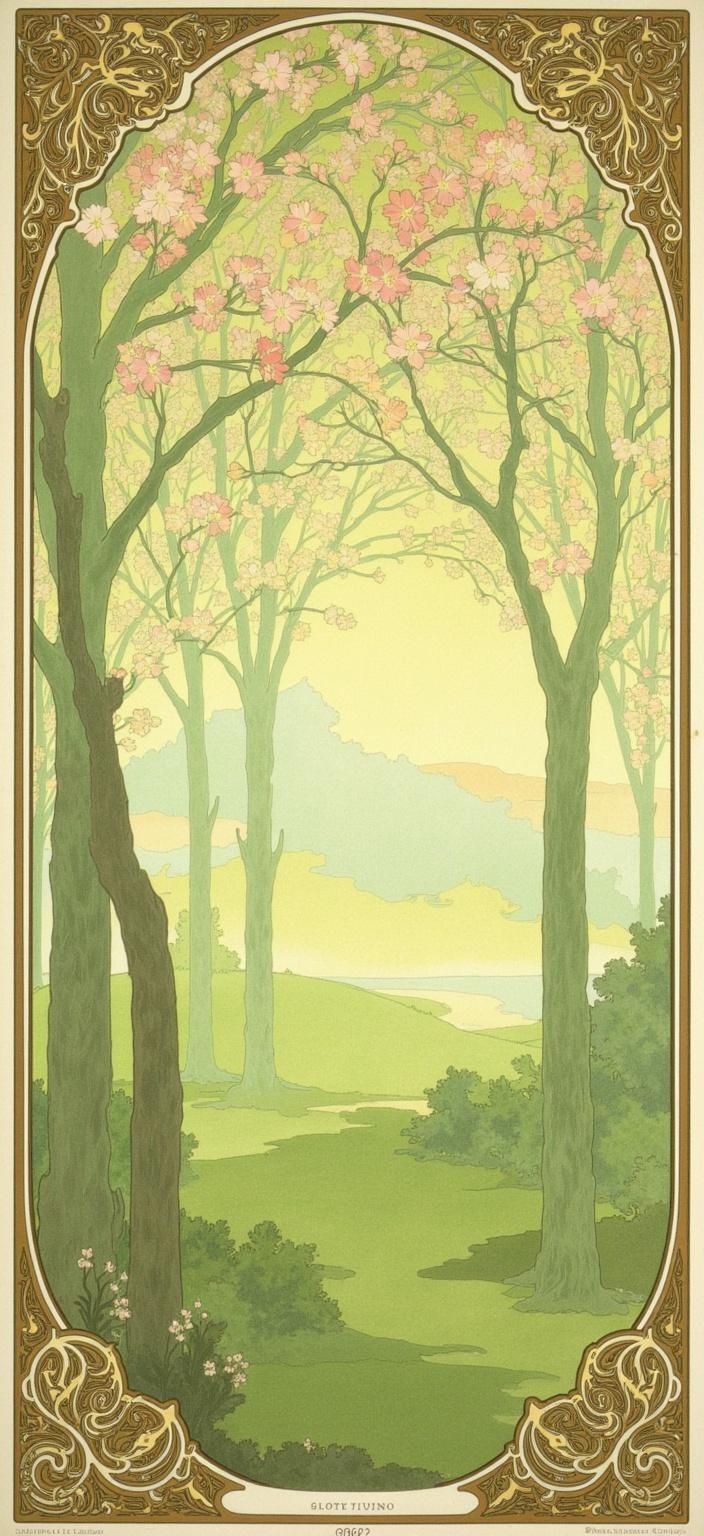 mucha, In this exquisite digital wallpaper, immerse yourself in the serene beauty of a lush green valley enveloped by a gentle mist, evoking a peaceful and meditative atmosphere. The scene is masterfully painted in a style inspired by the flowing and organic lines characteristic of the Art Nouveau movement, particularly drawing from the elegance of Mucha’s works. The composition features a harmonious blend of natural motifs, where sinuous vines weave through blossoming trees adorned with an array of delicate flowers, creating an intricate tapestry against a highly stylized background. This backdrop is not only dreamlike but romantic, infusing the landscape with a sense of timeless beauty and tranquility.

The colors are a refined palette of soft pastels, reminiscent of spring's awakening, with touches of vibrant greens and floral hues that breathe life into the scene. These colors are executed with Mucha's signature blend, providing an exuberant yet delicate touch that enhances the valley's innate tranquility.

Around the central imagery is an elaborate ornamental frame, reminiscent of a grand Gothic window with its sweeping curves and detailed embellishments. This border, inspired by organic patterns and celestial symbols, serves as both a visual unifier and an invitation into a poetic realm. It embodies a seamless fusion of nature and human emotion, creating a gateway into a place where the natural world and artistic expression coalesce in perfect harmony. This intricate design ensures the artwork is centered and balanced, making it an ideal choice for an elegant digital wallpaper that captivates and calms the viewer with its refined, ornamental quality.