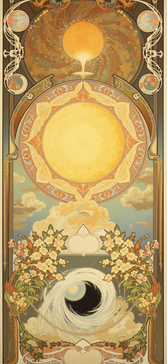 mucha, ("In the center of this enchanting painting, the entire solar system is depicted in a mesmerizing, dreamlike composition. Each planet orbits gracefully around the radiant sun, their surfaces adorned with intricate decorative patterns and organic motifs inspired by the flowing, organic lines of Mucha’s ethereal art style. Neptune and Saturn, with their rings and atmospheric beauty, are highlighted with delicate hues, while Earth, a beacon of life, is enveloped with blossoming floral designs, symbolizing its abundant nature.\n\nTo the side, a mysterious, swirling black hole stands as a captivating focal point, drawing the viewer’s gaze into its infinite depths. This celestial marvel is encircled by a halo of sinuous vines and subtle geometric patterns, enhancing its allure and adding to the painting's intricate beauty.\n\nThe entire celestial scene is set against a highly stylized background, where soft, delicate colors blend harmoniously, creating a romantic and poetic atmosphere. Star-studded skies and celestial elements, like comets and distant galaxies, add further depth to this cosmic tableau.\n\nEnclosing this magical universe is an elaborate ornamental frame reminiscent of a grand Gothic window. This intricate border, adorned with detailed floral motifs, organic patterns, and celestial symbols, serves as both a visual unifier and a gateway to this dreamlike realm. The painting, with its refined ornamental quality and rich decorative elements, is perfectly centered, offering a crisp, clean look ideal for printing as a decor piece.",)