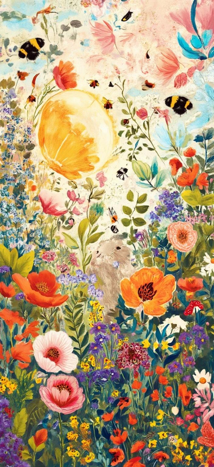 colorful_illustration, In the heart of this vibrant and colorful illustration, a sunlit open meadow unfolds, bursting with an array of poppies, daisies, and bluebells. The scene is painted in a playful, dynamic style, with a hand-drawn feel that immediately catches the eye. Bumblebees, depicted with intricate detail, hover gracefully near the colorful blooms, their tiny bodies a symphony of movement amongst the flowers. A curious bunny peeks shyly from amidst the tall grass, its fluffy form adding a touch of whimsy to the lively landscape. To enhance the visual delight, ladybugs crawl upon the petals, providing small yet striking pops of red that punctuate the floral scene.

The background is a tapestry of organic shapes and scattered decorative elements, featuring an array of leaves and floral motifs arranged harmoniously across the canvas. These elements lend the painting a natural, free-flowing quality, inspired by Scandinavian folk art and mid-century botanical prints. Intricate compositions blend bold organic shapes with delicate details—dots, swirls, and abstract motifs—that create a luxurious layering of colors and patterns, evoking a sense of depth and movement.

Overall, the image is centered, designed with precision to ensure it offers a crisp, clean look, making it perfectly suited for digital wallpaper, inviting viewers to lose themselves in its elaborate beauty and dynamic artistry.
