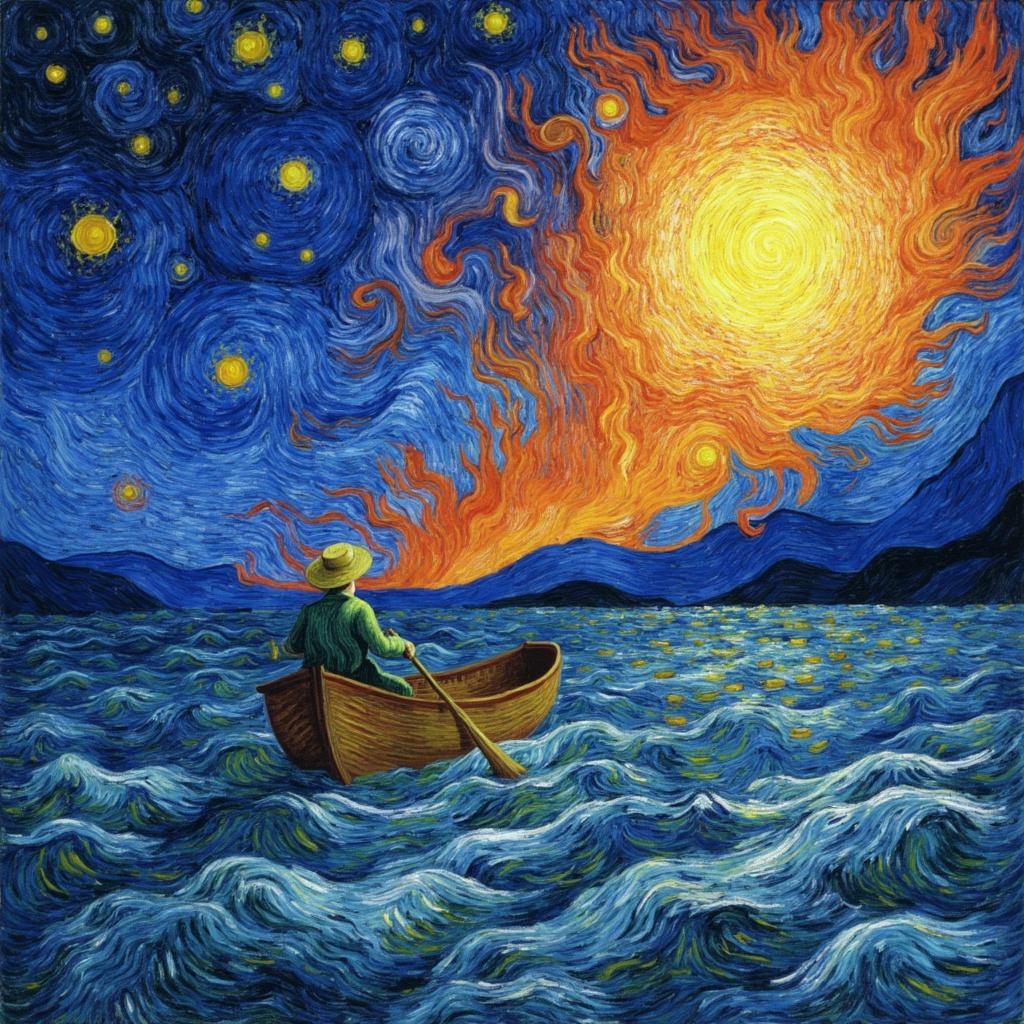 van_gogh, Enriched prompt: Imagine a captivating digital wallpaper featuring a small rowboat, carrying a solitary man donned in a straw hat, as he gracefully drifts through a sea of swirling waves, each brushstroke echoing the iconic style of Van Gogh. The scene, viewed from behind, immerses you in a world where the intense color palette of rich blues and vibrant oranges dances in bold, expressive compositions. The night sky above is a tapestry of starry wonders, with vivid purples and luminous yellows interweaving, casting their glow upon the churning waters below.

The swirling waves and sky are painted with loose, energetic brushstrokes that create a rhythmic, almost pulsating effect, reminiscent of flame-like patterns. These dynamic brushstrokes give the painting a sense of motion and life, as if the scene might change with each glance. The thick, impasto layers of paint add a tactile depth, inviting the viewer to reach out and feel the texture of the artwork.

This digital masterpiece is not just visually striking but also infused with raw emotion and a sense of urgency, capturing both the personal solitude and the universal journey of humanity. The dramatic interplay of bold complementary colors—blue and orange, yellow and purple—heightens the visual impact, drawing the viewer into a world that is intensely vivid and emotionally compelling. Perfectly centered, this artwork ensures a crisp, clean look, making it an ideal choice for digital wallpaper that transforms any space with the timeless allure of Van Gogh-inspired artistry.
