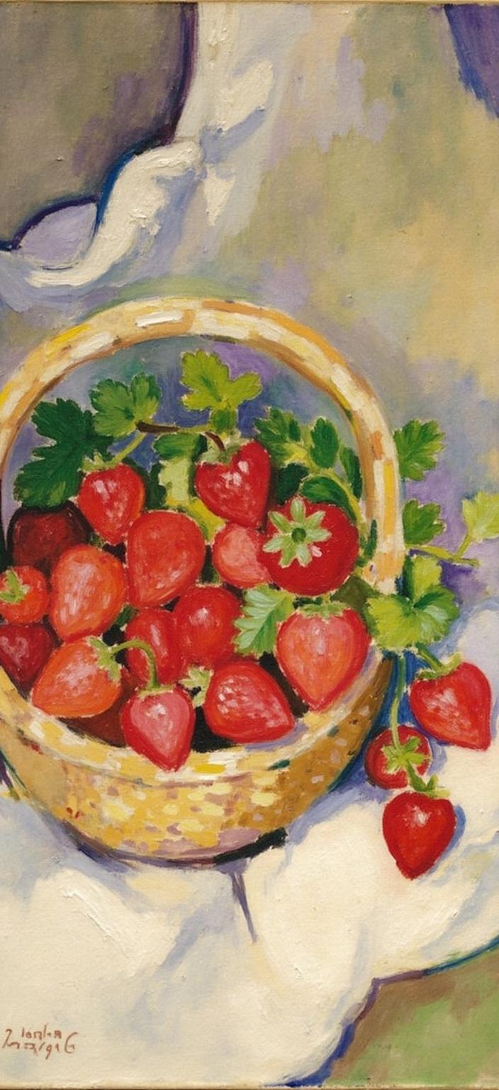 mattise_nice, A vibrant and captivating painting of a collection of plump, ripe strawberries nestled in a rustic, handwoven basket. The basket is placed upon a soft, creamy linen cloth that drapes gently, adding a touch of elegance. The scene is bathed in warm, inviting light, evoking a sense of coziness and simplicity reminiscent of a cottagecore aesthetic. Drawing inspiration from the Matisse-in-Nice style, the artwork features bold, expressive brushstrokes and a rich palette of colors. The strawberries are depicted in luscious reds and soft pinks, contrasted beautifully against the natural hues of the basket and the gentle folds of the linen. The composition is centered to ensure a crisp, clean look, making it perfect for digital wallpaper, exuding both charm and sophistication.