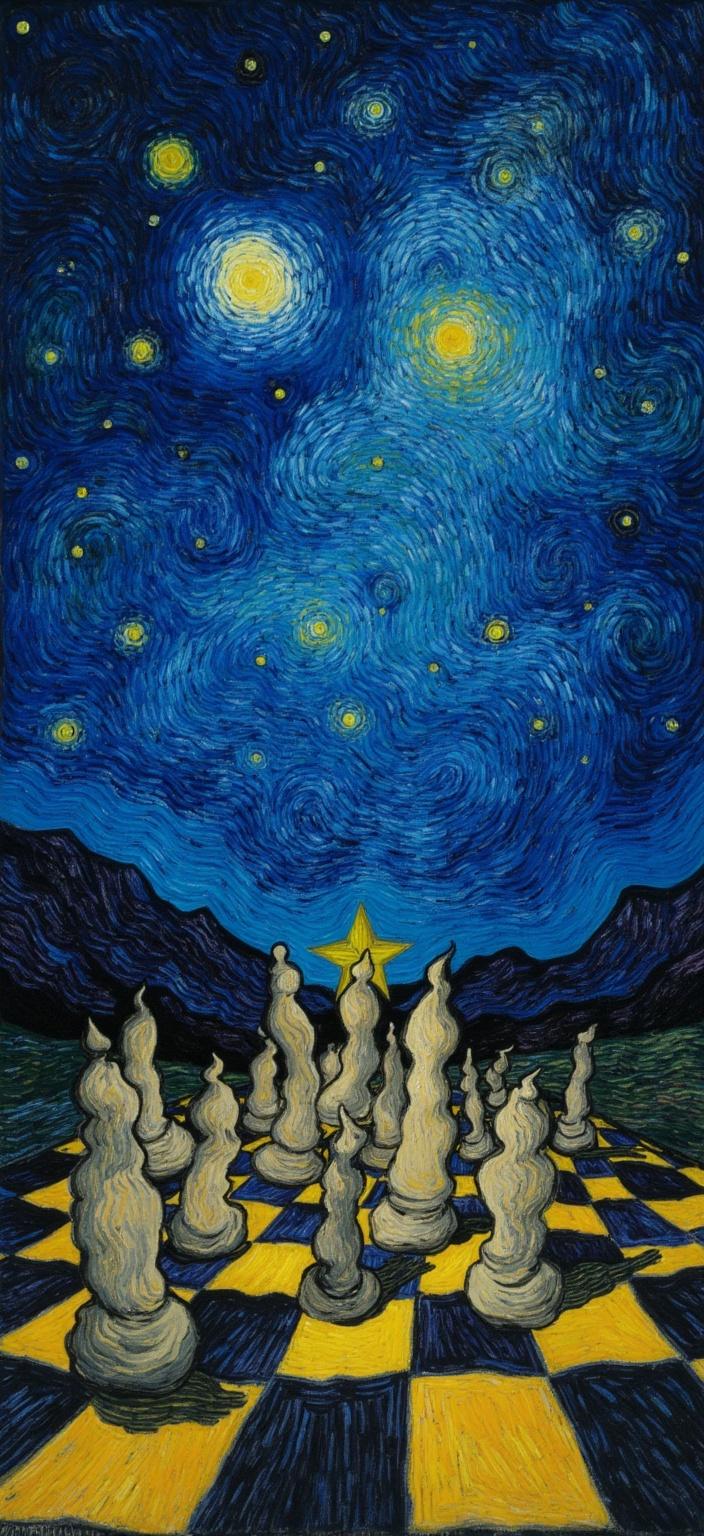 van_gogh, Imagine a captivating painting where a dark, moody chessboard serves as the focal point, set against the swirling cosmos of Van Gogh’s "Starry Night". The scene is crafted in Van Gogh's iconic post-impressionist style, celebrating the intensity of color and dynamic brushwork. Each chess piece, detailed and distinct in form, is subtly illuminated by the ethereal glow of the starlit sky, casting long, mysterious shadows across the board. The night sky above is alive with deep blues and blacks, punctuated by vibrant yellow highlights that mimic the stars' luminescence.

Expressive, thick brush strokes convey a dreamlike composition, infusing the painting with an aura of mystery and depth. The artist employs vivid, rich colors, layered in thick impasto, which breathe life and movement into the scene. Complementary colors like blue and orange, along with yellow and purple, clash with bold intensity, heightening visual impact and imbuing the artwork with emotional depth.

The brushstrokes, loose and energetic, swirl with a rhythmic, pulsating quality, reminiscent of curly, flame-like patterns. This dynamic touch, paired with vigorous, linear patterns, creates a sense of motion and life, drawing the viewer deep into the tableau. The painting radiates raw emotion and urgency, making it both a deeply personal and universally compelling piece.

This artwork is perfectly centered to ensure a crisp, clean look, ideal for a digital wallpaper, where it transforms any screen into a portal to a night infused with the magic of Van Gogh's visionary world.
