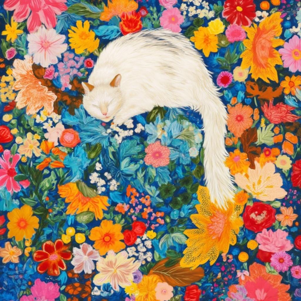 colorful_illustration, Enriched prompt: A captivating painting features a serene white cat perched gracefully atop a large, ornate vase. The cat, with its pristine fur and enchanting gaze, is the central focus of the image, exuding a sense of calm elegance. The vase is intricately designed with playful, dynamic patterns that echo a vibrant and colorful illustration style, reminiscent of Scandinavian folk art and mid-century botanical prints. This art piece is brought to life with a lavish decorative style, where bold organic shapes intertwine with delicate, intricate compositions.

The background is a symphony of color, adorned with an array of scattered decorative elements, including myriad leaves and floral motifs. These abstract shapes and patterns create a harmonious and free-flowing backdrop that enhances the central subject. The canvas is filled with luxurious layers of brilliant colors and patterns, providing depth and dynamic movement. Swirls, dots, and abstract motifs dance around the central figure, adding a whimsical touch that captures the playful nature of the style.

The painting is meticulously centered, ensuring the artwork maintains a crisp, clean look suitable for wall-art. This stunning piece is perfect for adding a touch of vibrant and dynamic elegance to any space, celebrating the whimsical beauty of both nature and feline grace in a hand-drawn, organic composition.