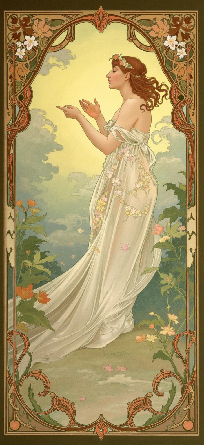 mucha, **Enriched Prompt:**

Imagine a captivating painting that centers on a serene forest glade at twilight, illuminated by the soft, golden glow of a setting sun. At the heart of this enchanted woodland scene, a delicate, ethereal figure stands gracefully—perhaps a forest nymph or a muse of nature. Her flowing gown, woven from the very essence of the forest itself, is adorned with intricate patterns of climbing vines and blooming flowers, each petal seemingly alive with vibrant colors. Her hair cascades down like a waterfall, interwoven with tiny, twinkling celestial elements, reminiscent of stars caught in their descent from the sky.

This enchanting figure is surrounded by a lush tapestry of flora—delicate ferns, whispering leaves, and gentle wildflowers—each depicted with the intricate decorative patterns that echo the Art Nouveau style. Above her, the sky is a swirl of pastel hues, dotted with soft clouds and the faint shimmer of a crescent moon, adding a celestial touch to the scene.

The entire composition is enclosed in an ornate frame inspired by Mucha's signature aesthetic, its sweeping curves and detailed embellishments echoing a grand Gothic window. This border, rich with organic motifs, flowers, and celestial symbols, not only unifies the scene but also invites the viewer into a dreamlike realm where nature and human emotion poetically intertwine.

This digital wallpaper is designed to capture the viewer's imagination, presenting a harmonious blend of art and nature, perfect for creating a serene and mystical atmosphere on any screen.