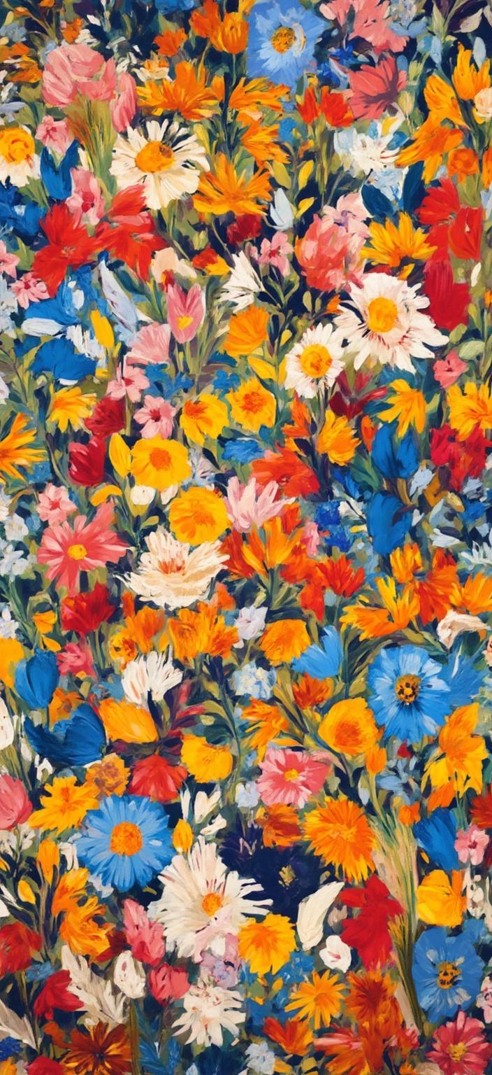 colorful_illustration, A captivating and lively illustration of wildflowers, executed in a vibrant and colorful style that radiates playfulness and dynamic energy. The painting captures the essence of a serene meadow, where an array of wildflowers bloom in vivid hues of red, yellow, pink, and blue. Each flower is meticulously detailed, from the delicate petals to the intricate patterns on their leaves, highlighting the diverse beauty of nature. The background dances with organic shapes that flow seamlessly across the canvas, intertwined with scattered decorative elements such as swirling vines, whimsical leaves, and abstract motifs that add a free-spirited touch to the scene.

The composition is lavish and intricate, drawing inspiration from a blend of Scandinavian folk art and mid-century botanical prints, with a hand-drawn feel. Bold organic shapes are interspersed with delicate details, while ornamental elements like dots, swirls, and abstract motifs are scattered throughout the artwork. This creates a luxurious layering of colors and patterns, imbuing the painting with a sense of depth and movement. Radial floral patterns harmonize across the design, evoking a sense of natural rhythm and flow.

Perfectly suited for a digital wallpaper, the image is centered to ensure a crisp, clean look, making it ideal for printing. The interplay of vibrant colors and intricate designs captures the exuberance of wildflowers in their natural habitat, making for an enchanting and lively composition that brings the beauty of the outdoors into any space.