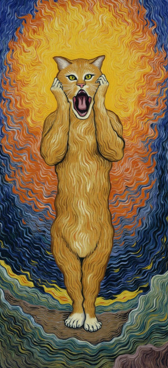 van_gogh, **Enriched Prompt**: 

Imagine a vibrant, surreal painting capturing a startled and wide-eyed cat, its mouth agape in a dramatic scream, and its paws pressed tightly against its ears as if to block out a cacophony only it can hear. The cat stands firmly in the middle of a bridge, positioned front and center, ensuring a crisp, clean look suitable for digital wallpaper. The setting takes its cue from Edvard Munch’s iconic style, with the background unfurling into a swirling, tempestuous sunset sky painted in intense hues of orange, purple, and blue. Brushstrokes are dynamic and expressive, curling and twisting in flame-like patterns that convey a rhythmic energy, enveloping the scene in a surreal, humorous atmosphere. The sky is alive with vigorous, linear patterns, creating an intriguing dance of motion and life behind the central figure. The exaggerated expression of the cat, stylized like an oil painting, is brought to life with vivid, rich colors applied in thick, impasto layers, echoing the bold, expressive compositions reminiscent of Munch. The contrast of colors—bold blues against fiery oranges, and deep purples against shimmering yellows—enhances the emotional depth and visual intensity, ensuring the artwork is both deeply personal and universally compelling.