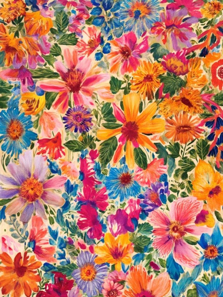 colorful_illustration, The painting is a vibrant and colorful illustration of wildflowers, exuding a playful and dynamic hand-drawn feel. The canvas is alive with a lush tapestry of organic shapes and scattered decorative elements, making every inch a celebration of natural beauty. Various leaves and floral elements weave harmoniously across the scene, creating a natural, free-flowing quality that captivates the eye. Bold organic shapes intermingle with delicate details, enhanced by intricate compositions that feature scattered ornamental elements like dots, swirls, and abstract motifs.

The art piece draws inspiration from a lavish, decorative style where luxurious layers of colors and patterns create a profound sense of depth and movement. The organic shapes and radial floral patterns evoke the charm of Scandinavian folk art, blending seamlessly with mid-century botanical prints. This intricately detailed illustration of wildflowers captures the essence of nature's untamed elegance, making it an ideal centerpiece that resonates with a hand-drawn aesthetic.

The painting is centered meticulously to ensure a crisp, clean look, perfect for digital-wallpaper application. It serves as a stunning backdrop, inviting viewers to immerse themselves in its rich, colorful tapestry while adding a touch of nature's whimsy to any digital space.