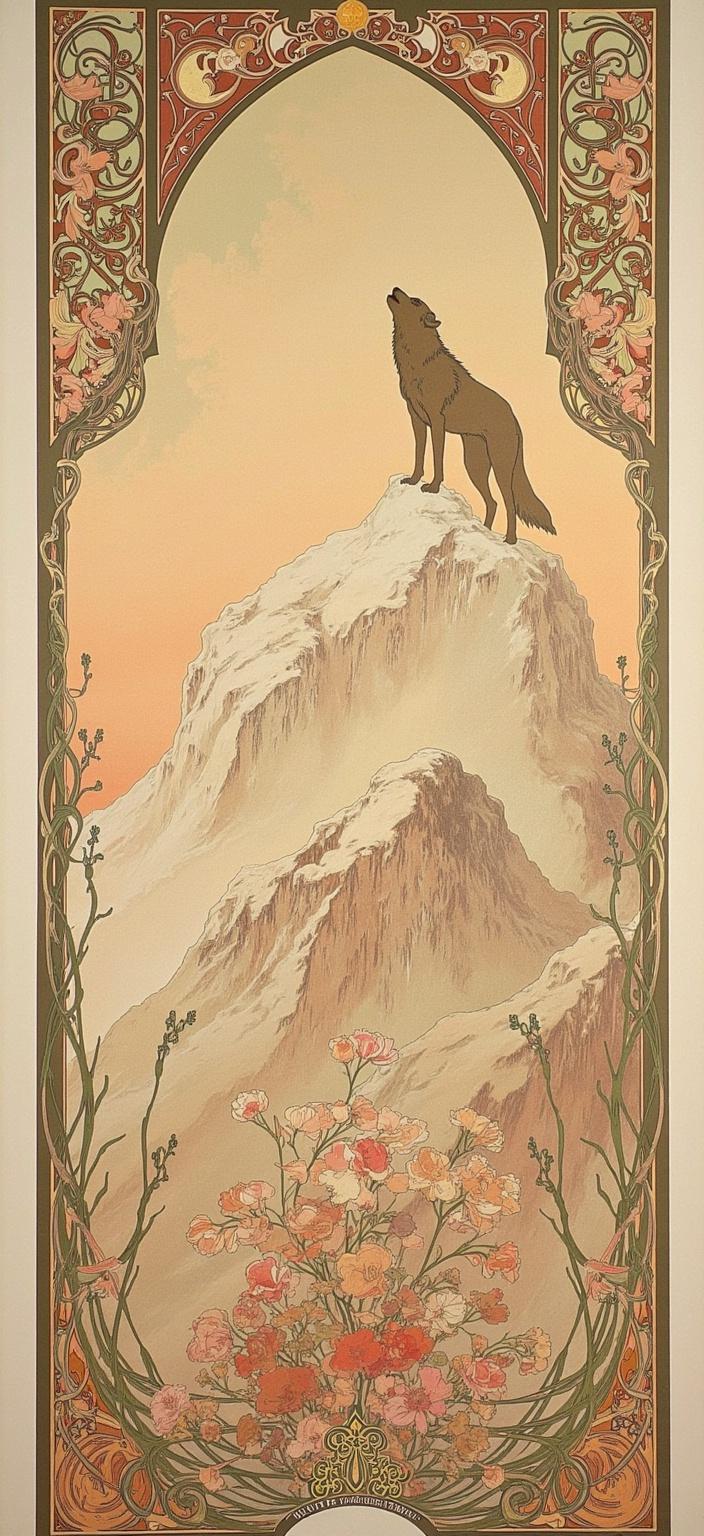 mucha, Enriched prompt: In the center of the composition stands a majestic mountain peak, its grandeur accentuated by the intricate detailing of the flowing, organic lines inspired by the Mucha style. Atop the peak, a solitary wolf stands in a howling position, its silhouette blending seamlessly with the harmonious blend of natural motifs that surround it. The scene is awash with delicate colors, enveloping the mountain and the wolf in a dreamlike, romantic aesthetic. Intricate decorative patterns of blooming flowers, sinuous vines, and subtle geometric shapes meander throughout the composition, enhancing it with an ornamental quality. These elements create a backdrop reminiscent of a celestial tapestry, with stars and moon-like symbols interwoven among the flora. Enclosing the entire painting is an elaborate ornamental frame, echoing the sweeping curves and detailed embellishments of a grand Gothic window. This intricate border, adorned with organic patterns, flowers, and celestial symbols, serves as a visual gateway into this serene yet powerful depiction. The overall composition is centered to ensure a crisp, clean look, making it an exquisite digital wallpaper for any space.