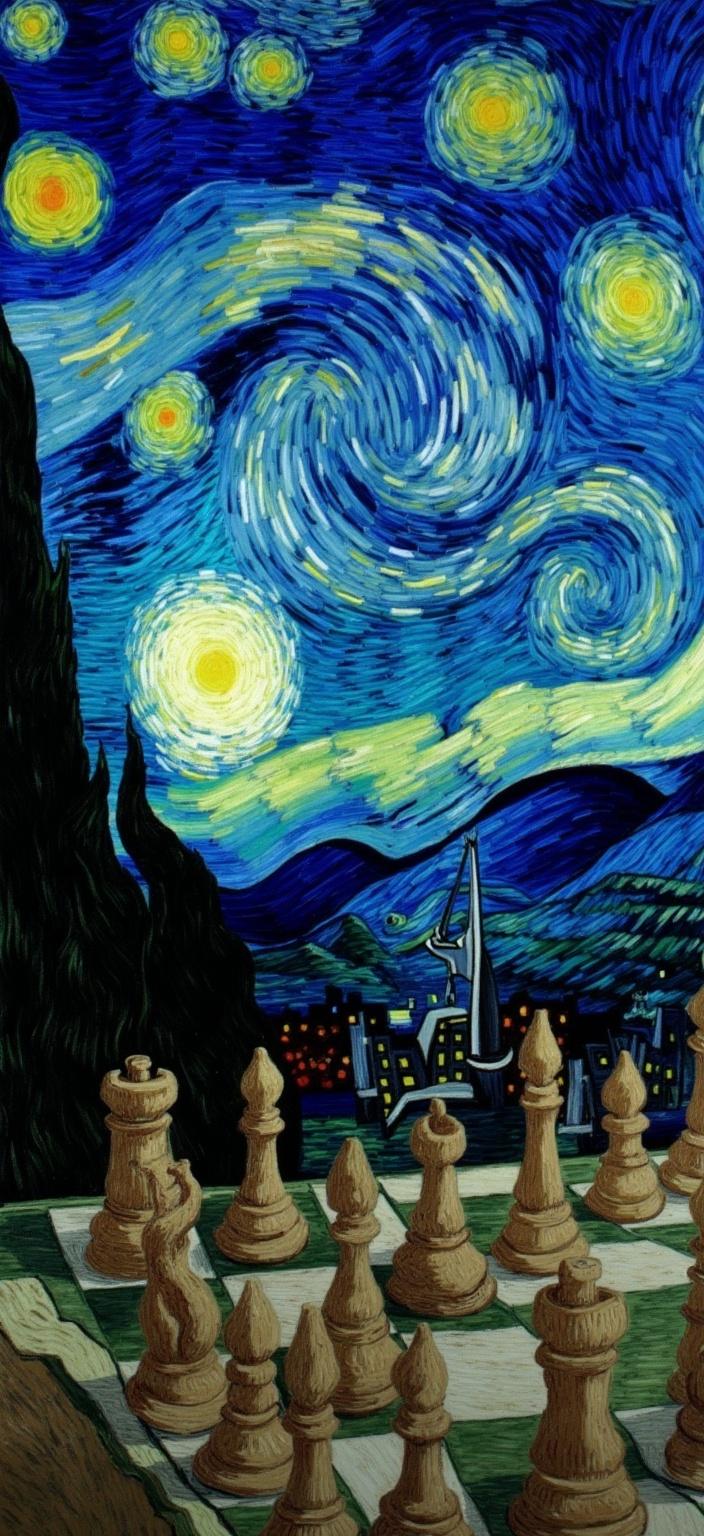 van_gogh, In the foreground of this digital wallpaper, a dark and moody chessboard unfolds, inviting viewers into a scene that encapsulates both mystery and intrigue. The chessboard is meticulously detailed, each piece uniquely crafted, standing under the serene yet mesmerizing canopy of swirling stars inspired by Van Gogh's "Starry Night." The scene is a harmonious blend of elements painted in the quintessential Van Gogh post-impressionist style, capturing the eye with intense colors and dynamic brushwork.

The night sky above is an expressive tapestry of deep blues and blacks, punctuated by vibrant yellow highlights that reflect off the chess pieces, giving them an otherworldly glow. This subtle illumination casts a spectral light that dances across the board, echoing the cosmos above. The swirling stars twist and turn in a dreamlike composition, each brushstroke thick and textured, providing depth and atmosphere to the night scene. 

The painting is infused with raw emotion and urgency, a hallmark of Van Gogh's technique, drawing inspiration from vivid, rich colors applied in thick, impasto layers. Bold complementary color contrasts such as blue and orange, yellow and purple, heighten the visual impact and intensity of the artwork, making it both deeply personal and universally compelling. The brushstrokes are loose, energetic, and often swirling, with curly, flame-like patterns creating a sense of rhythm and motion, enhancing the life within the painting.

This image, centered to create a crisp and clean look, is ideal for printing as a digital wallpaper. It captures the essence of Van Gogh's intense and emotive style, ensuring it brings aesthetic pleasure and inspiring mystery to any digital device it adorns.
