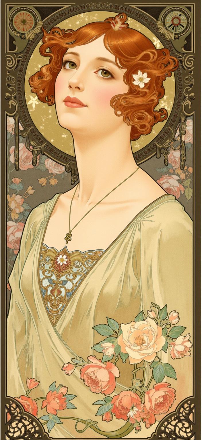 mucha, A captivating digital wallpaper features the portrait of a woman directly facing the viewer, embodying an aura of elegance and mystery. The central figure is adorned with a delicate necklace, whose intricate design catches and enthralls the eye, standing out against her serene expression. The painting draws inspiration from Alphonse Mucha's style, celebrated for its flowing, organic lines that artfully contour the woman's serene visage and cascade into her rich auburn hair. Her hair is intricately adorned with delicate flowers and vines, symbolizing her harmonious connection with nature and echoing the essence of Art Nouveau. Her attire is understated yet beautifully detailed with decorative patterns, harmonizing with the elegant motifs typical of this art movement.

The backdrop is a sumptuous tapestry of celestial elements; ethereal stars twinkle amidst soft, gentle moonbeams that seamlessly meld with the highly stylized background. Swirling mists and ornate, geometric patterns evoke a romantic nostalgia, enriching the composition. The color palette is a vibrant blend of soft pastels and earthly tones, casting an enchanting glow that envelops the entire scene, while exuberant floral motifs composed of sinuous vines and blooming flowers dance through the composition, enhancing its refined, ornamental quality.

Framing the entire scene is an elaborate ornamental border reminiscent of a grand Gothic window, with sweeping curves, organic patterns, and celestial symbols. This intricate frame serves as both a visual anchor and a gateway to this ethereal realm, where nature and human emotion intertwine poetically. The resulting digital wallpaper transforms any digital device into a portal to a dreamlike world, perfectly capturing a timeless piece of art that elevates the aesthetic of any screen with a touch of classic sophistication.