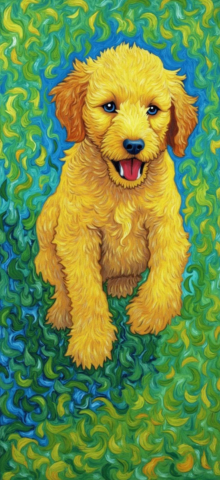 van_gogh, Enriched prompt: Imagine a vibrant and dynamic painting featuring a playful puppy Golden Doodle frolicking on a lush green lawn. The scene bursts with intense color and expressive compositions, reminiscent of a masterful artist known for their dynamic brushwork and bold, vivid hues. The rich colors are applied in thick, impasto layers, capturing the energetic spirit of the playful puppy and the freshness of the grassy expanse. Bold complementary color contrasts, such as deep blues against sunny oranges, and bright yellows paired with rich purples, elevate the visual impact and intensity of the scene.

The loose, energetic brushstrokes swirl across the canvas, forming curly, flame-like patterns that infuse the painting with a rhythmic, pulsating quality. This dynamic touch creates a sense of motion and life, as if the joyful puppy's fur and the gentle breeze are coming to life within the artwork. The composition is an infusion of raw emotion and urgency, making it both deeply personal and universally compelling.

The image is carefully centered, ensuring a crisp, clean look, ideal for a digital wallpaper. The painting's emotional depth and vibrant color palette promise a striking addition to any digital collection, conveying both the innocence and energy of the young Golden Doodle in a visually stunning and emotionally impactful masterpiece.