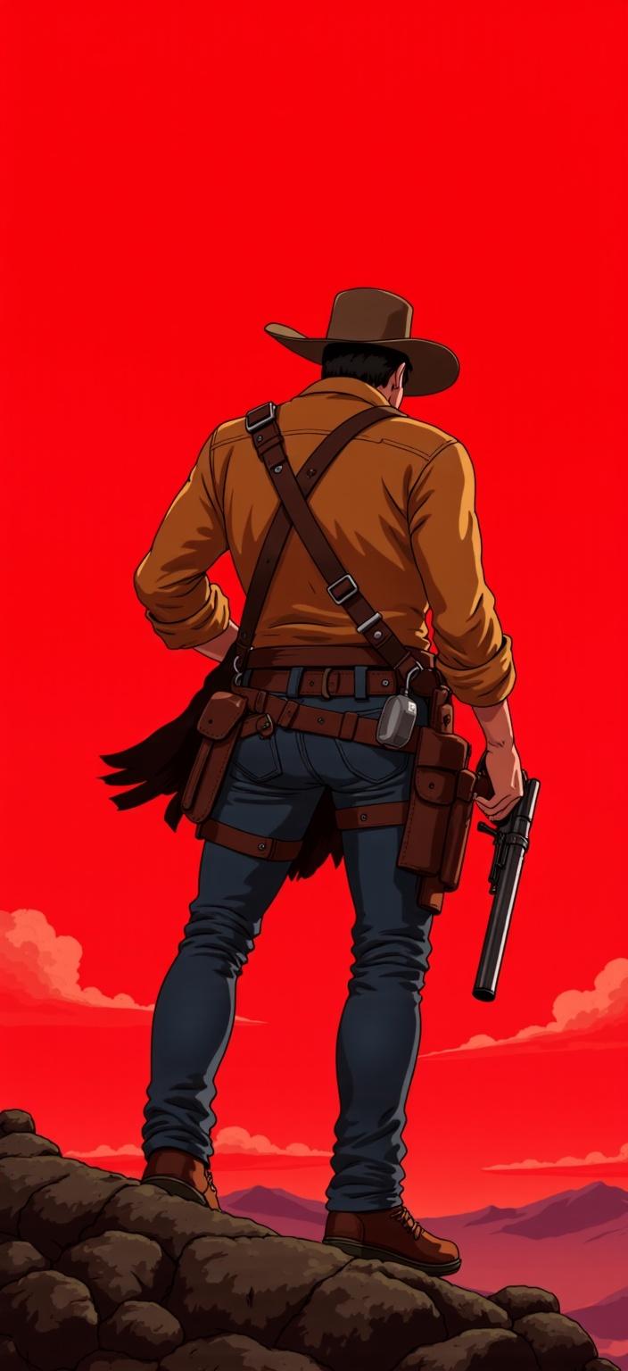 ghibli_illustration, Enriched prompt: This digital wallpaper captures the back of Arthur Morgan, a character exuding rugged determination, holding a gun with his right hand. He occupies the left half of the painting, standing prominently against a vibrant, full red background. The artwork draws inspiration from a hand-drawn animation style, characterized by richly detailed backgrounds and expressive character designs. Every element is infused with bright colors that conjure a whimsical and joyful aesthetic, while soft, painterly textures give the scene a hand-drawn feel. Pencil sketches introduce subtle imperfections, lending an organic movement to the piece.

Arthur Morgan is rendered with accurate proportions, his cowboy attire meticulously detailed to highlight the wear and tear of an adventurous life. His stance is confident and steadfast, with the slight twist of his torso revealing just enough of his rugged profile to suggest an intriguing backstory. The warm, natural lighting gently cascades over his form, creating a cozy, inviting mood amidst the vivid yet slightly muted tones of the background. This avoid harsh contrasts, maintaining a dreamy, nostalgic quality.

The background, though predominantly red, comes alive with textures that subtly suggest a vast, open landscape, evoking the untamed wilderness Arthur roams. Everyday objects and textures are rendered with precision, grounding the scene in a tangible reality despite its dreamlike aura. This carefully crafted composition ensures the main subject is clearly visible and proportioned, making it a perfect centerpiece for any digital wallpaper, promising to transform any screen into a window to a nostalgic, animated Western realm.